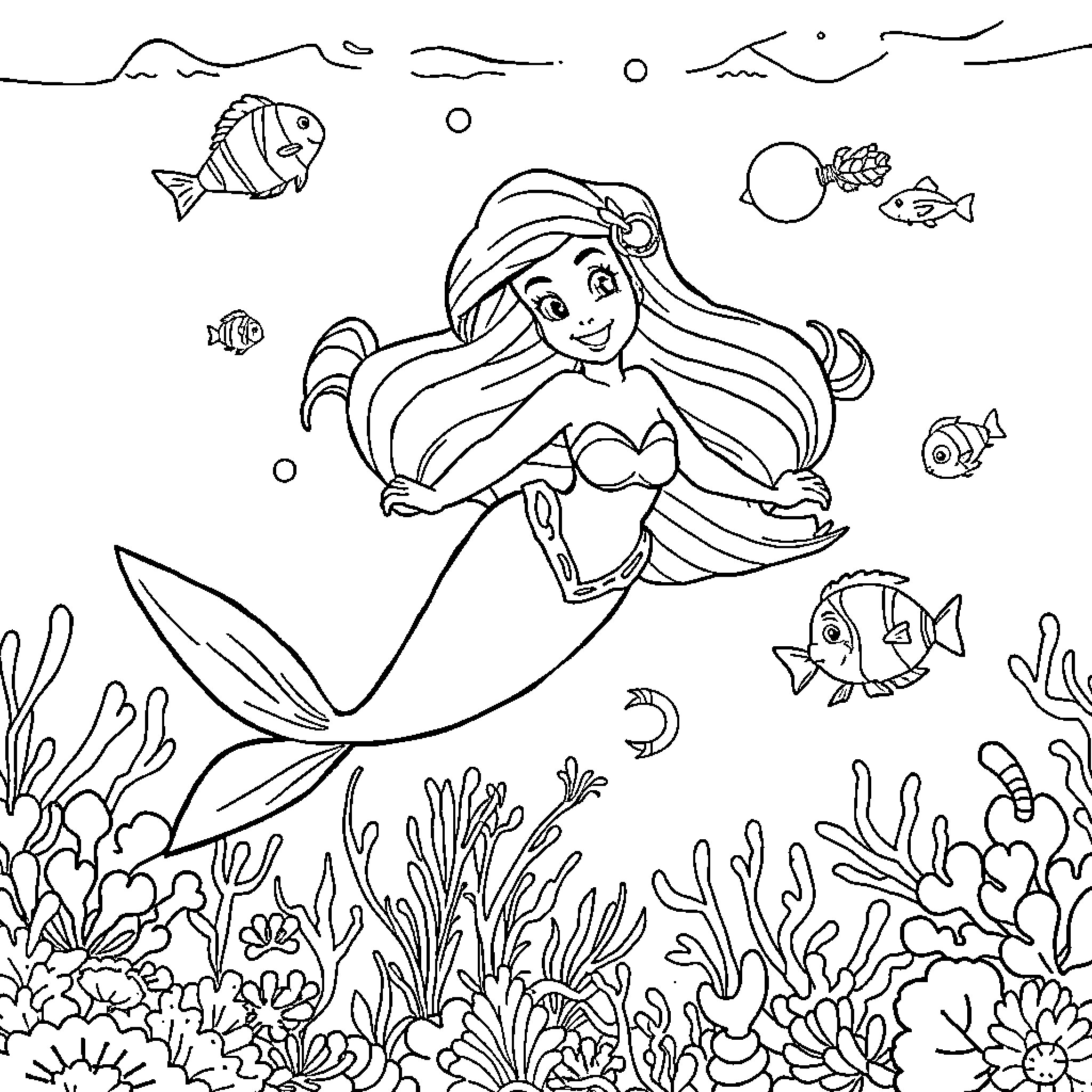 Ariel the Mermaid swimming among coral reef and marine life Coloring Page (free black-and-white line drawing printable PDF for all, from beginners to advanced learners, including children, teens, adults, and seniors)