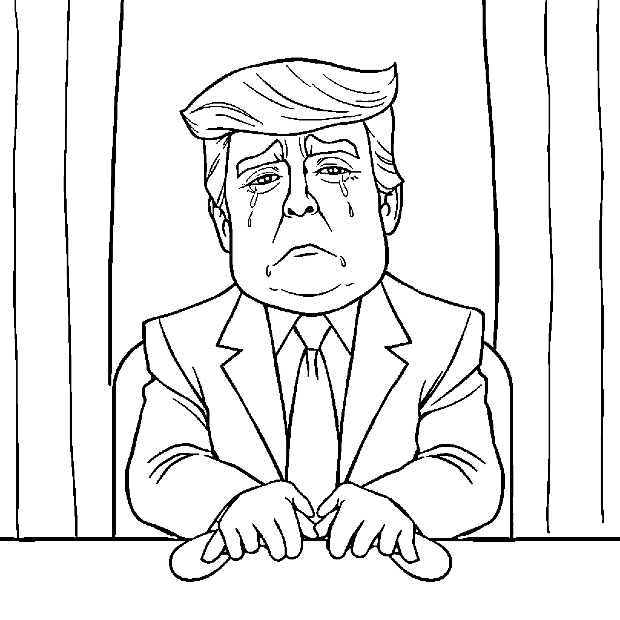 Donald Trump's Emotional Distress in Formal Attire Coloring Page (free black-and-white line drawing printable PDF for all, from beginners to advanced learners, including children, teens, adults, and seniors)
