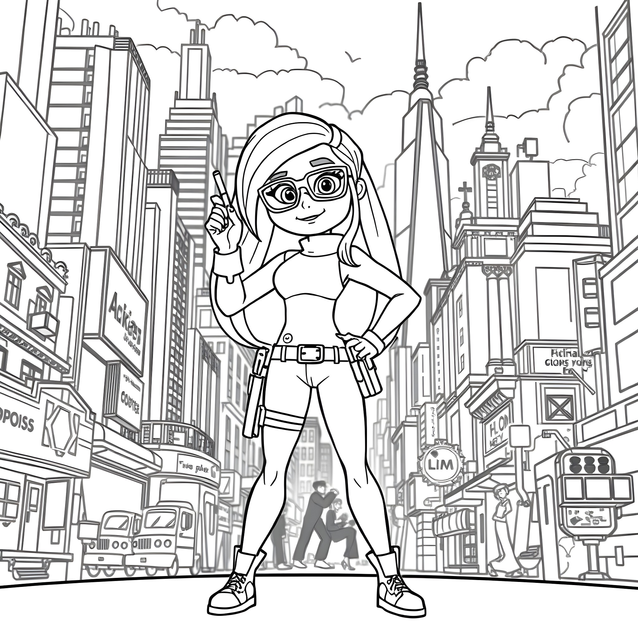 Kim Possible on a heroic mission in the city Coloring Page (free black-and-white line drawing printable PDF for all, from beginners to advanced learners, including children, teens, adults, and seniors)