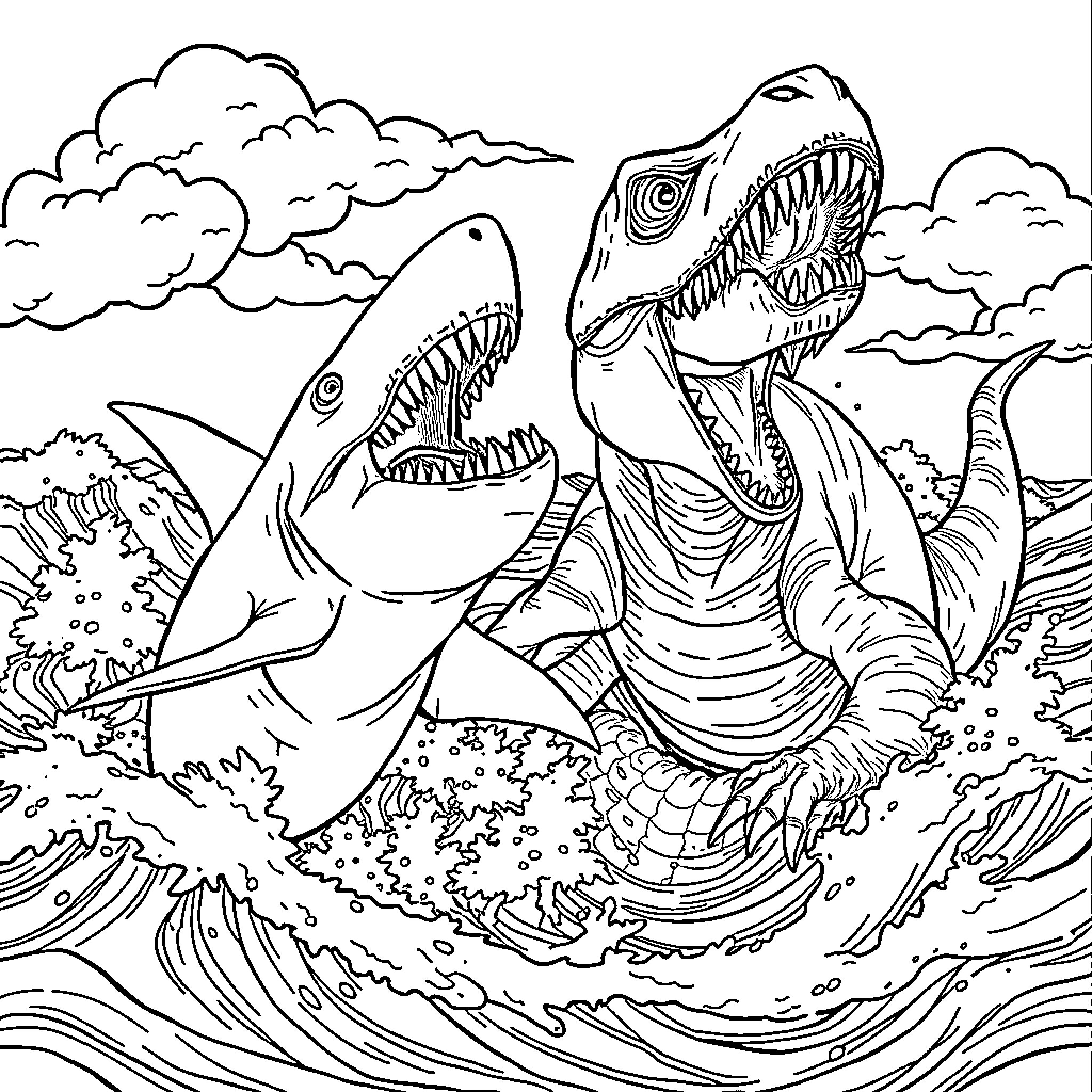 Shark Attack in Stormy Seas Coloring Page (free black-and-white line drawing printable PDF for all, from beginners to advanced learners, including children, teens, adults, and seniors)