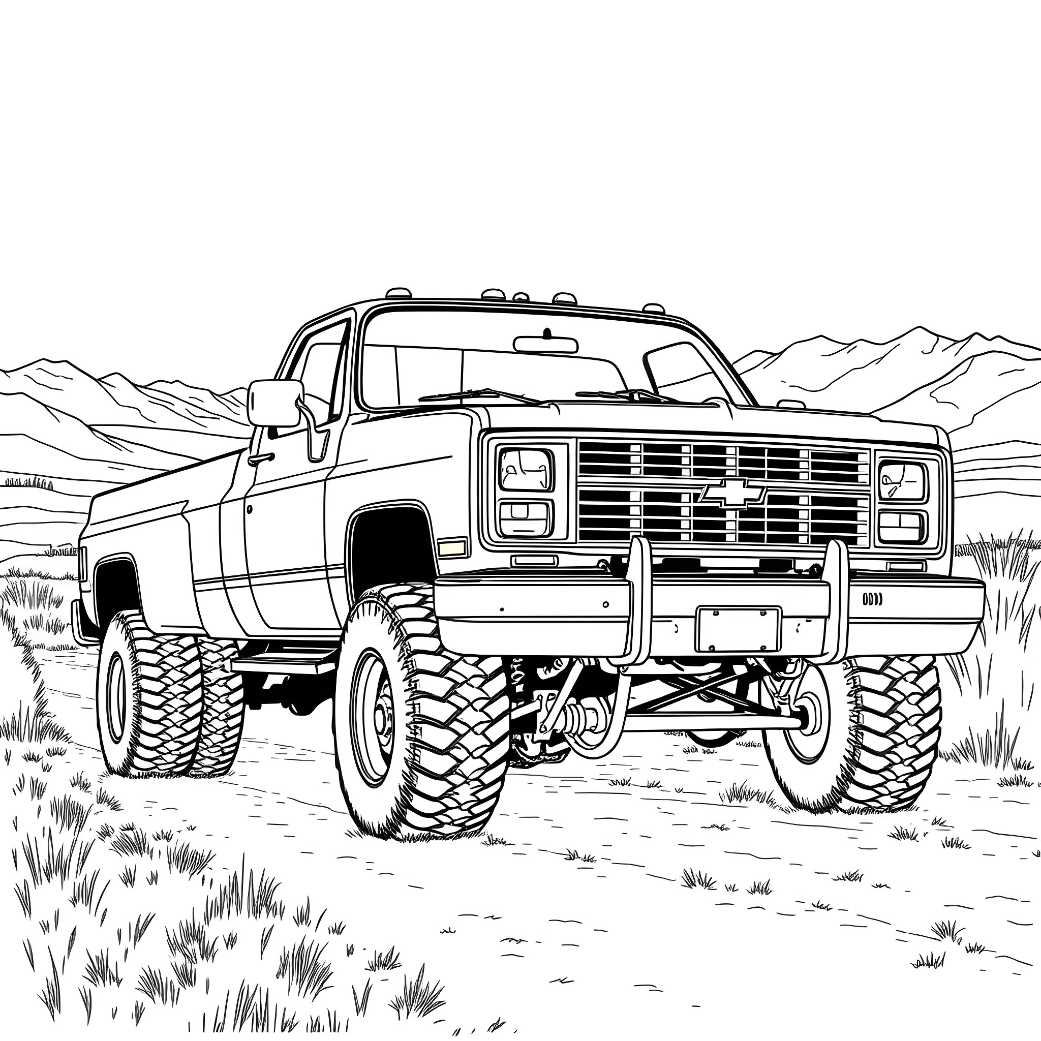 Chevy Dually Truck off-roading in the mountains Coloring Page (free black-and-white line drawing printable PDF for all, from beginners to advanced learners, including children, teens, adults, and seniors)