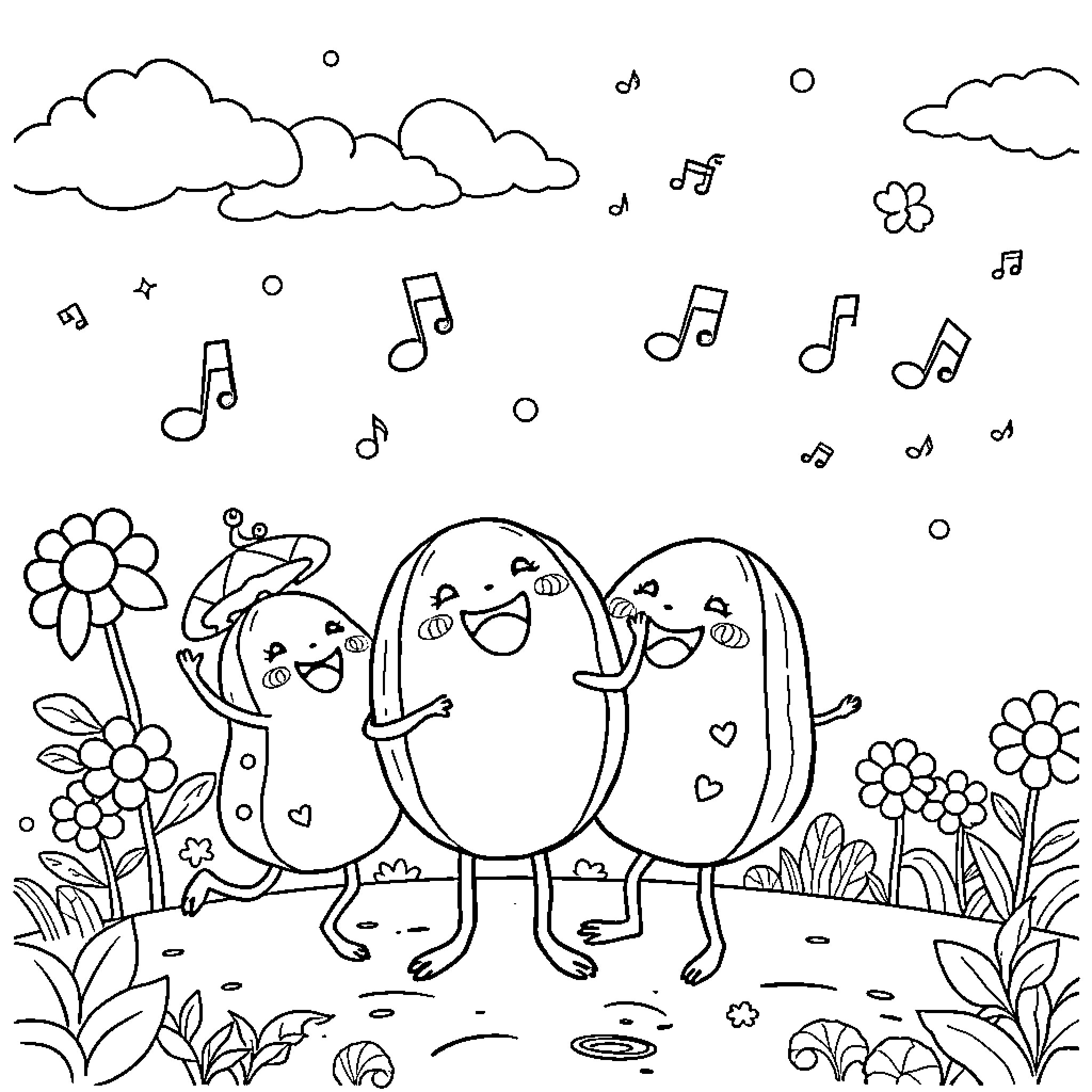 Cocomelon characters joyfully dancing in nature Coloring Page (free black-and-white line drawing printable PDF for all, from beginners to advanced learners, including children, teens, adults, and seniors)