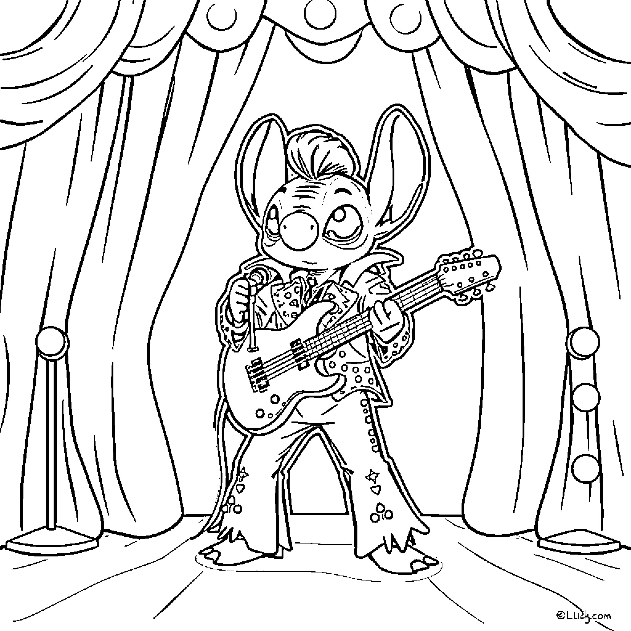 Stitch Rocking Out on Stage Coloring Page (free black-and-white line drawing printable PDF for all, from beginners to advanced learners, including children, teens, adults, and seniors)