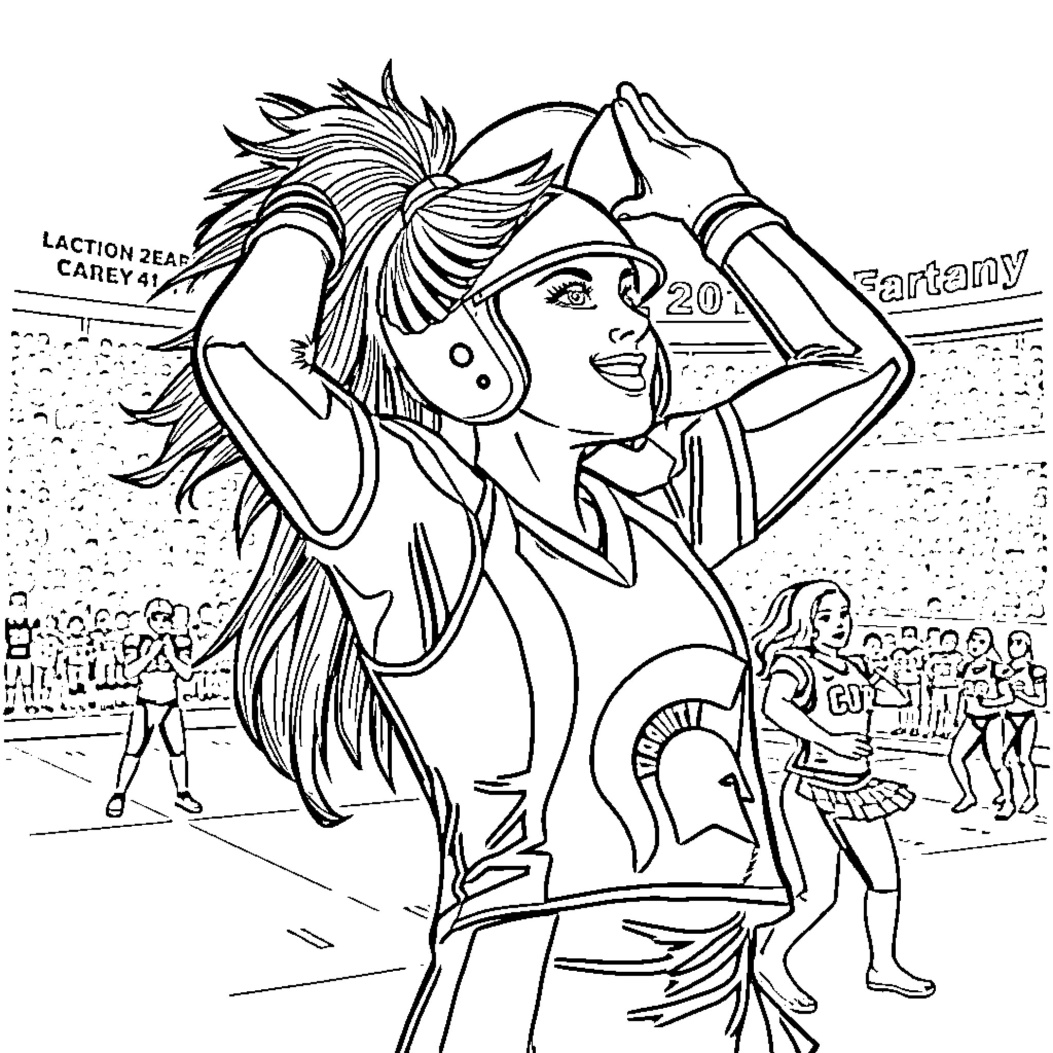 Cheerleader performing energetic dance routine on field Coloring Page (free black-and-white line drawing printable PDF for all, from beginners to advanced learners, including children, teens, adults, and seniors)