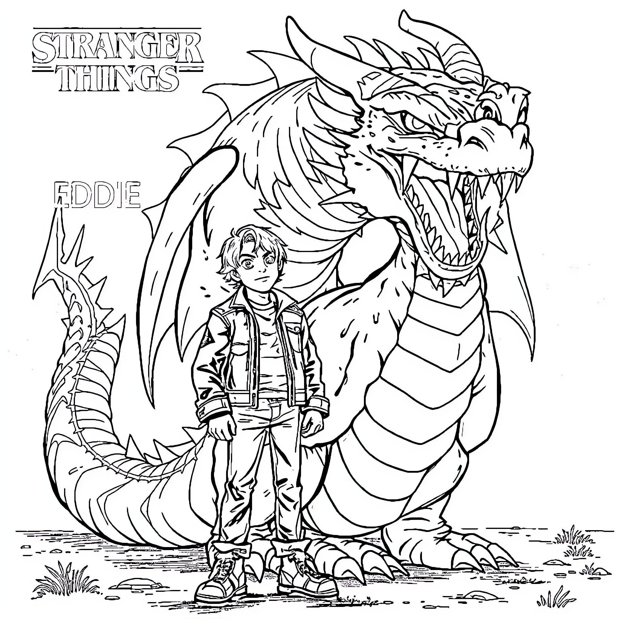 Eddie's Fearless Encounter with the Mighty Dragon Coloring Page (free black-and-white line drawing printable PDF for all, from beginners to advanced learners, including children, teens, adults, and seniors)