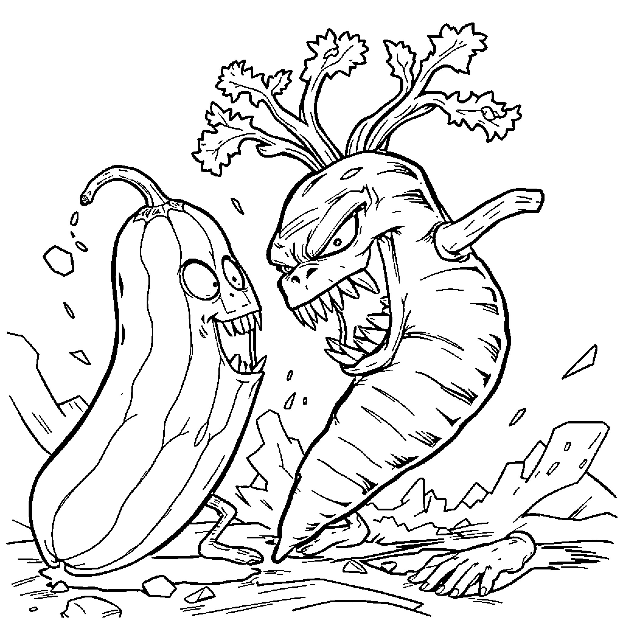 Carrot monsters in an intense battle Coloring Page (free black-and-white line drawing printable PDF for all, from beginners to advanced learners, including children, teens, adults, and seniors)