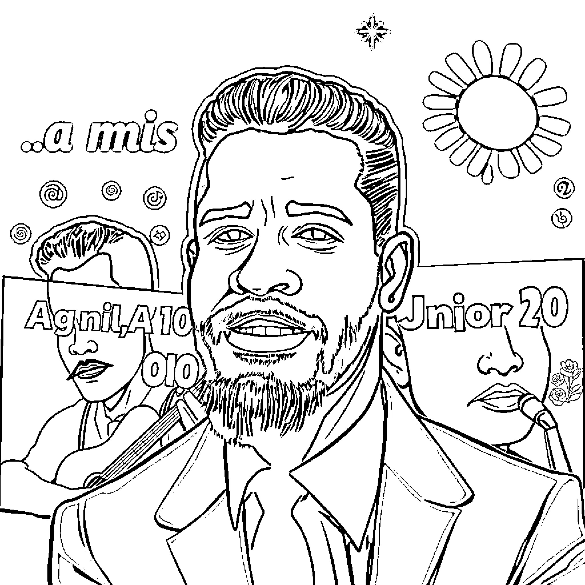 Album of two men with expressive faces Coloring Page (free black-and-white line drawing printable PDF for all, from beginners to advanced learners, including children, teens, adults, and seniors)