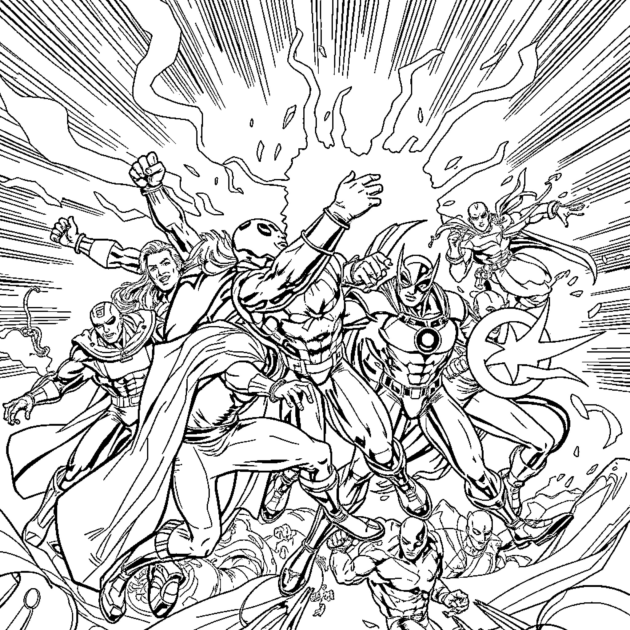 Superhero Action-Packed Battle with Heroic Figures Coloring Page (free black-and-white line drawing printable PDF for all, from beginners to advanced learners, including children, teens, adults, and seniors)