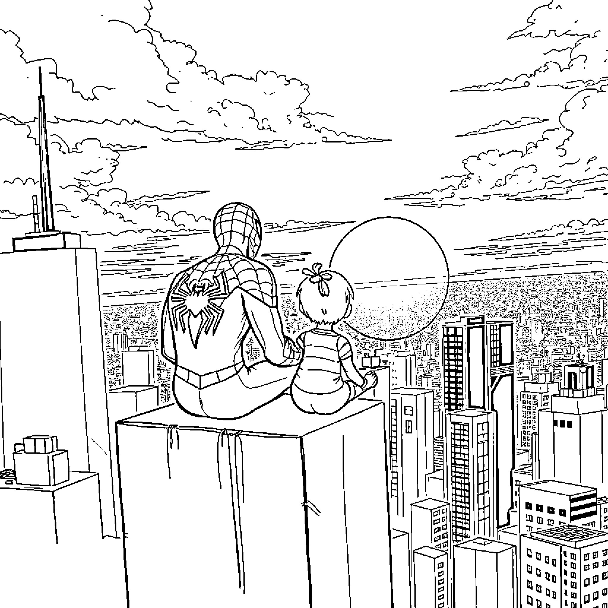Spider-Man contemplating the city skyline Coloring Page (free black-and-white line drawing printable PDF for all, from beginners to advanced learners, including children, teens, adults, and seniors)
