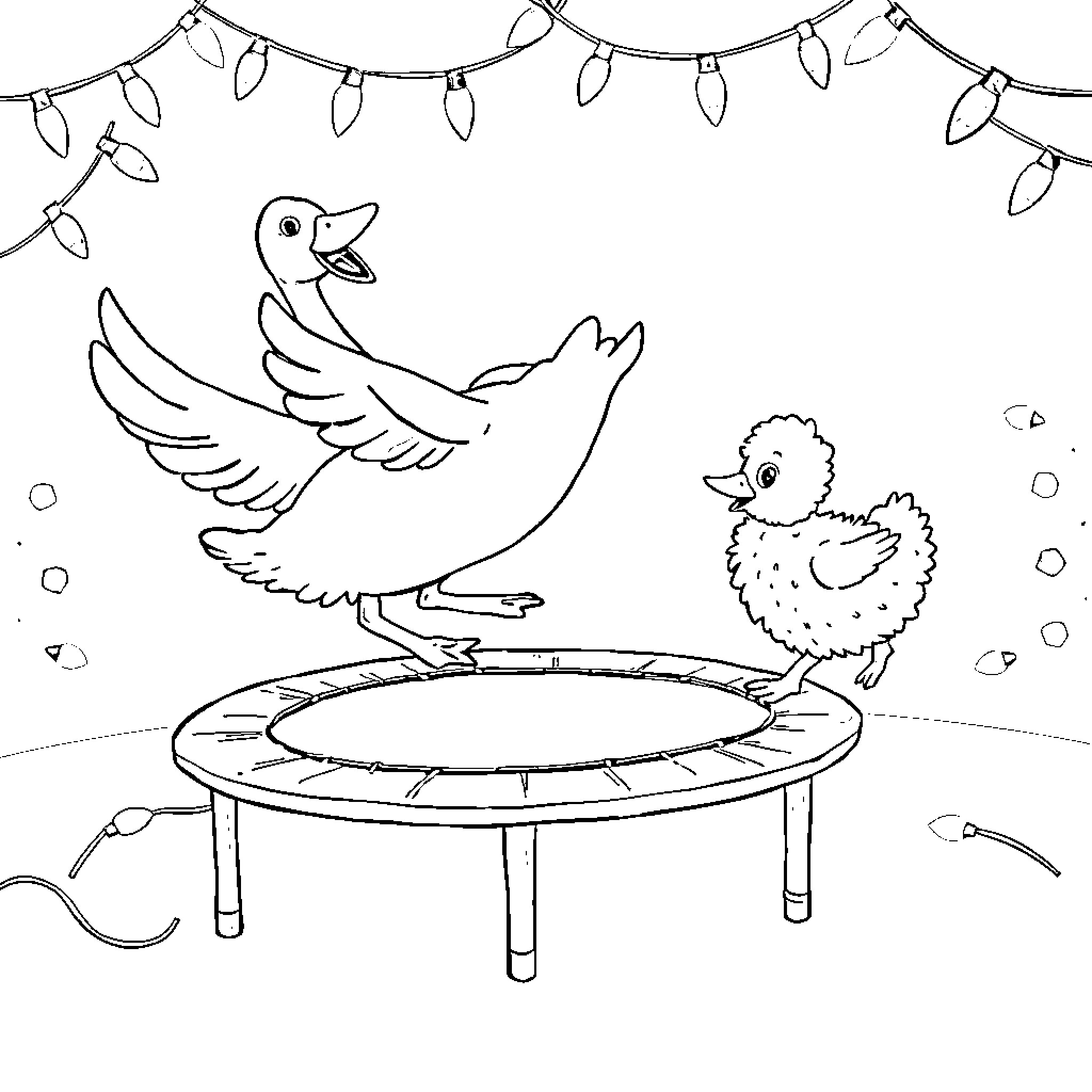 Goose and chick jumping on trampoline with lights Coloring Page (free black-and-white line drawing printable PDF for all, from beginners to advanced learners, including children, teens, adults, and seniors)