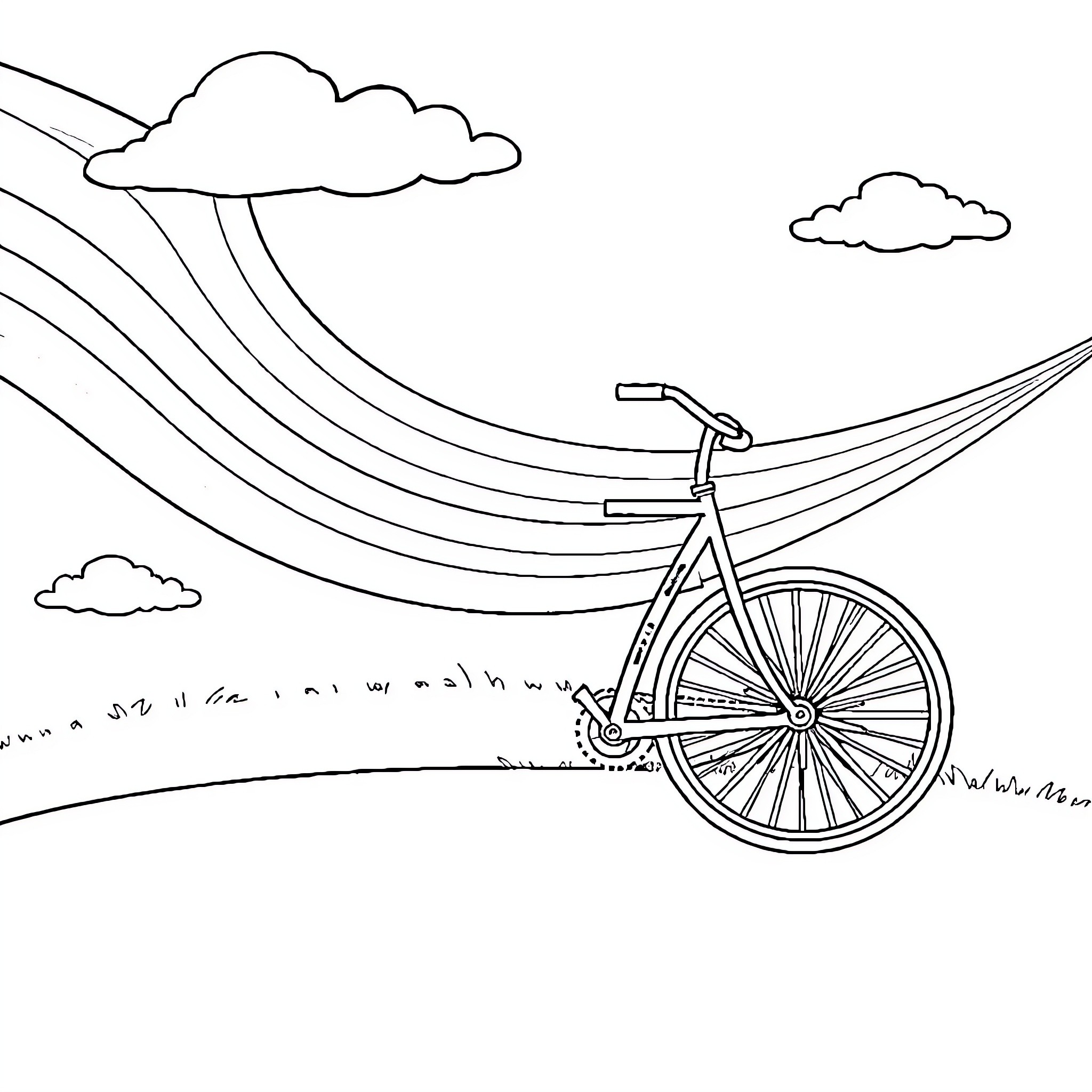 Cycle through the whimsical landscape Coloring Page (free black-and-white line drawing printable PDF for all, from beginners to advanced learners, including children, teens, adults, and seniors)