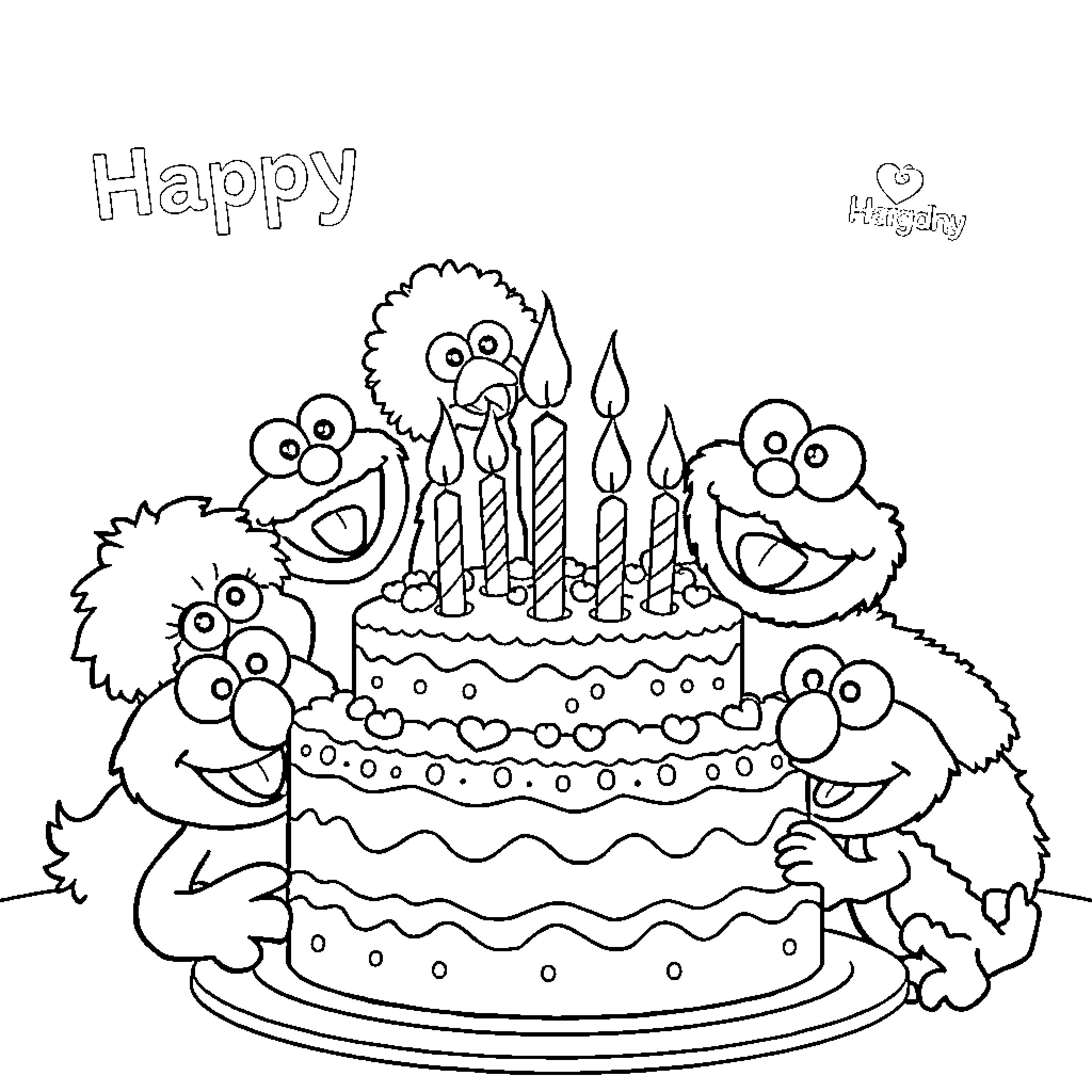 Elmo and Friends Celebrate Birthday Party Coloring Page (free black-and-white line drawing printable PDF for all, from beginners to advanced learners, including children, teens, adults, and seniors)