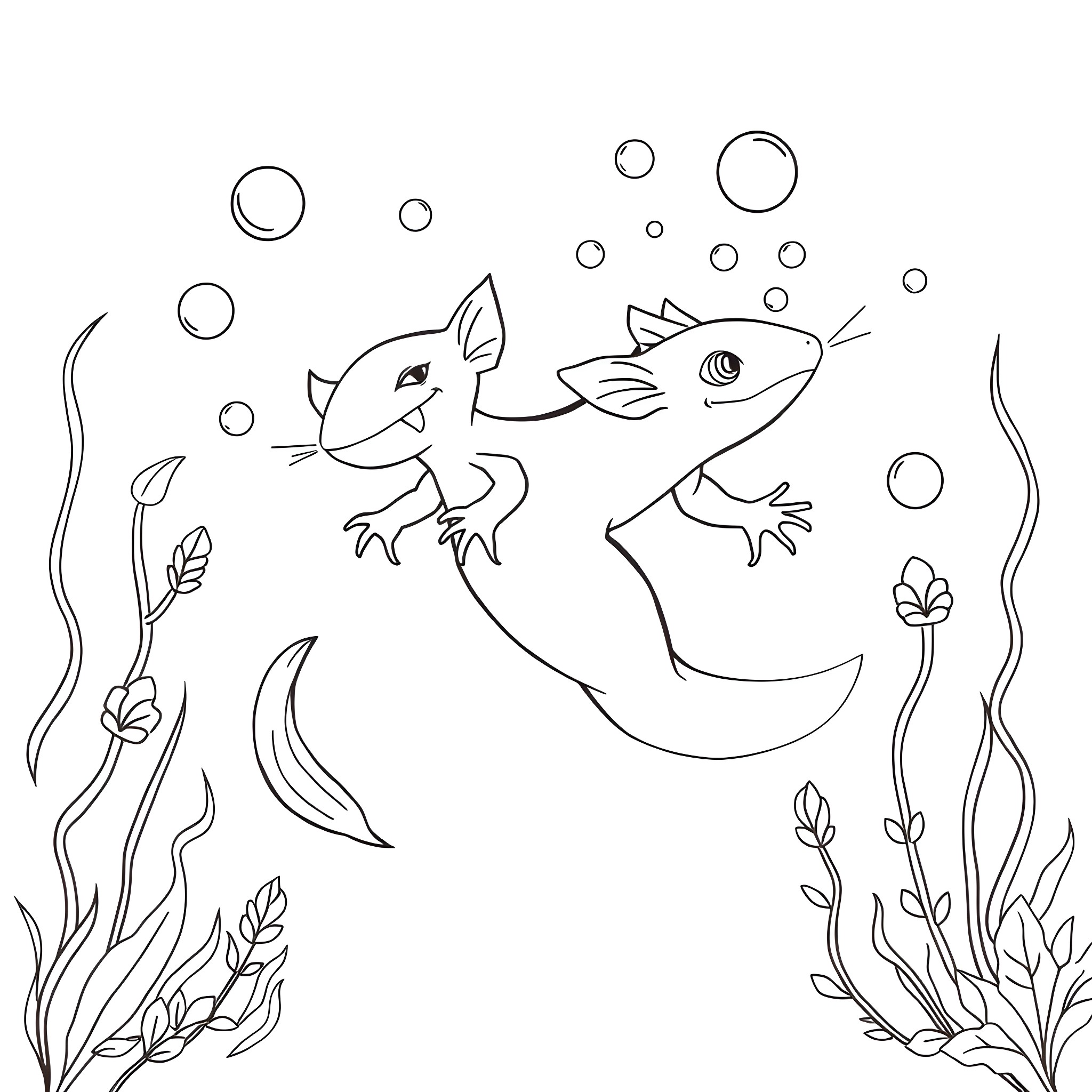 Axolotl swimming playfully in the underwater scene Coloring Page (free black-and-white line drawing printable PDF for all, from beginners to advanced learners, including children, teens, adults, and seniors)