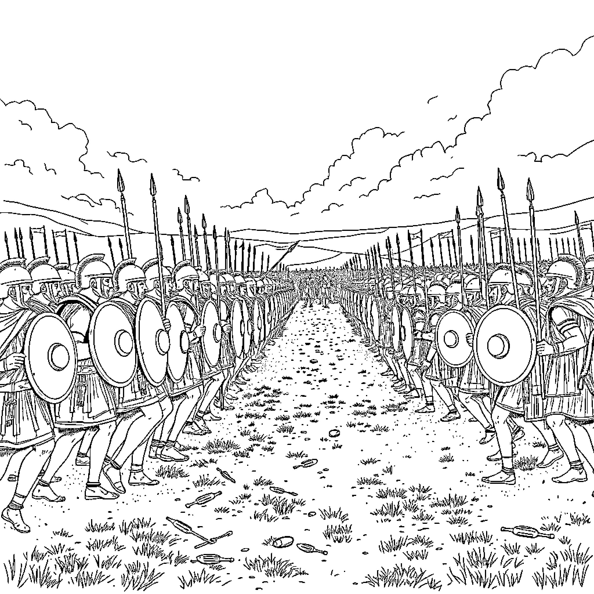 Battle of the Armies Marching to War Coloring Page (free black-and-white line drawing printable PDF for all, from beginners to advanced learners, including children, teens, adults, and seniors)