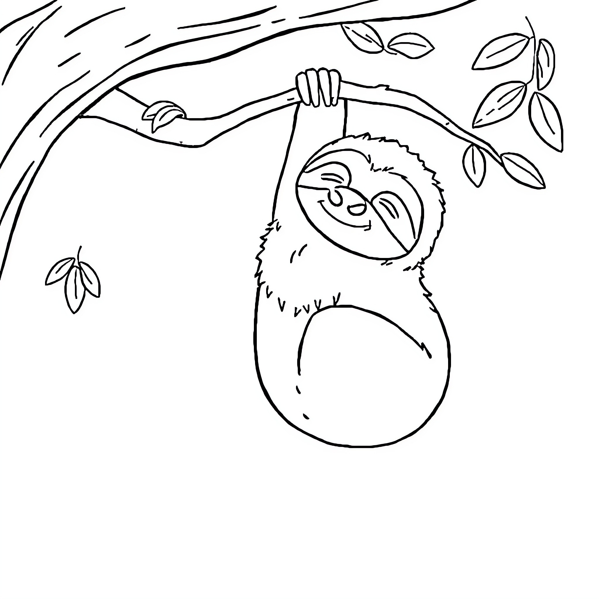 Sloth relaxing peacefully in the treetops Coloring Page (free black-and-white line drawing printable PDF for all, from beginners to advanced learners, including children, teens, adults, and seniors)