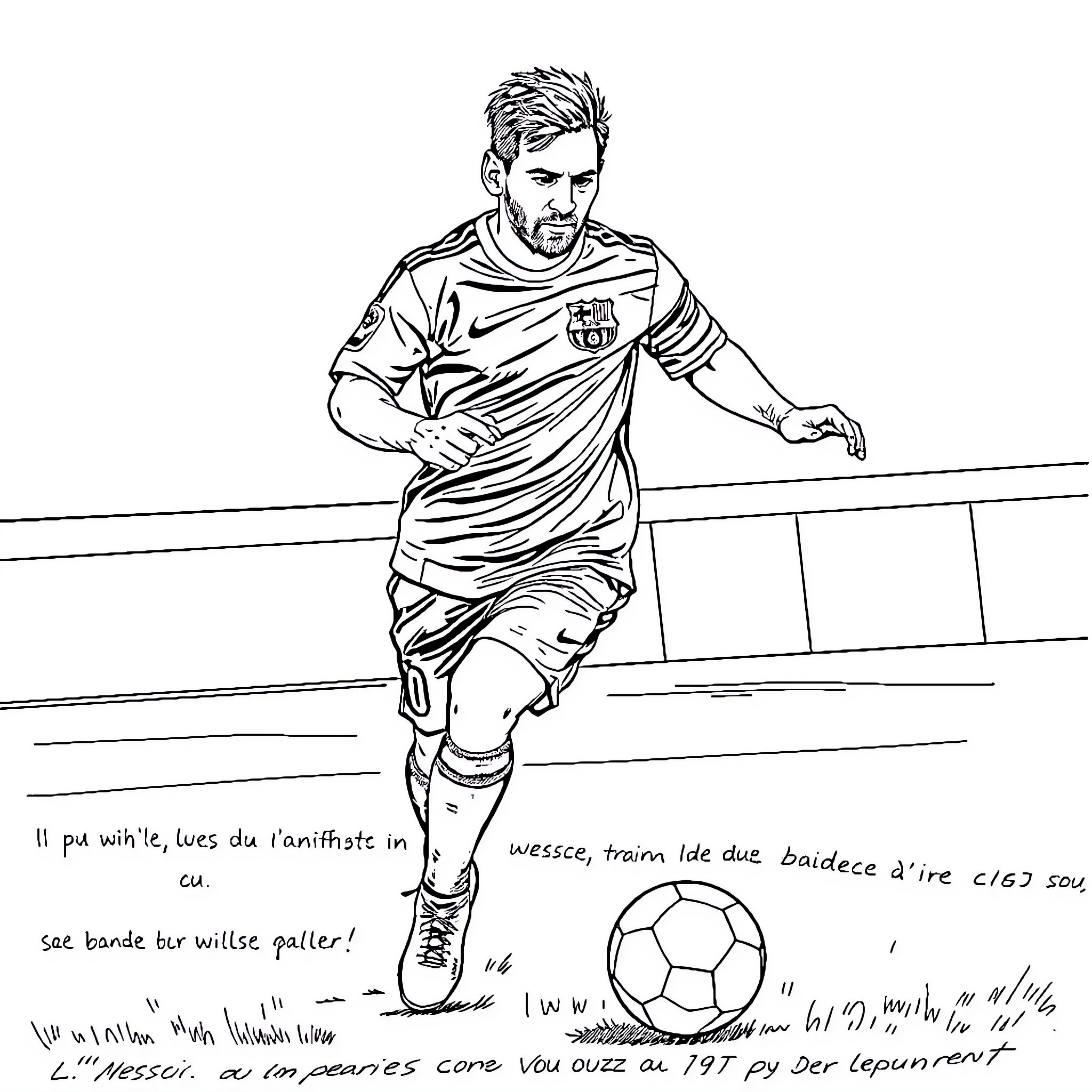 Messi dribbling with ball on the field Coloring Page (free black-and-white line drawing printable PDF for all, from beginners to advanced learners, including children, teens, adults, and seniors)