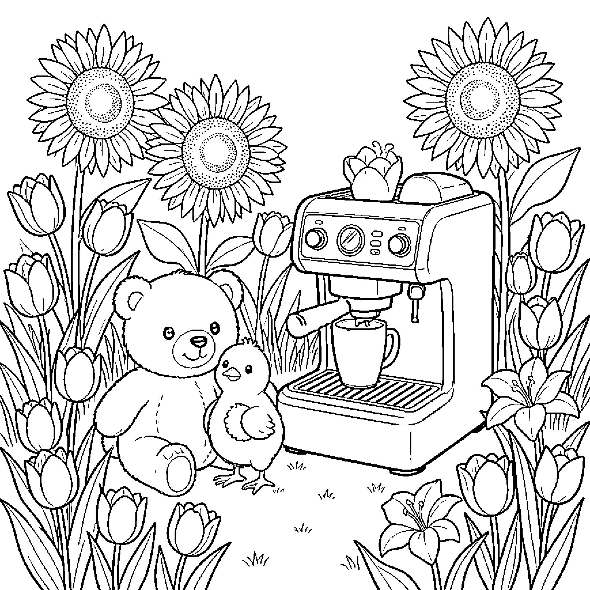 Chick Enjoying Spring Blooms with Teddy Bear Coloring Page (free black-and-white line drawing printable PDF for all, from beginners to advanced learners, including children, teens, adults, and seniors)