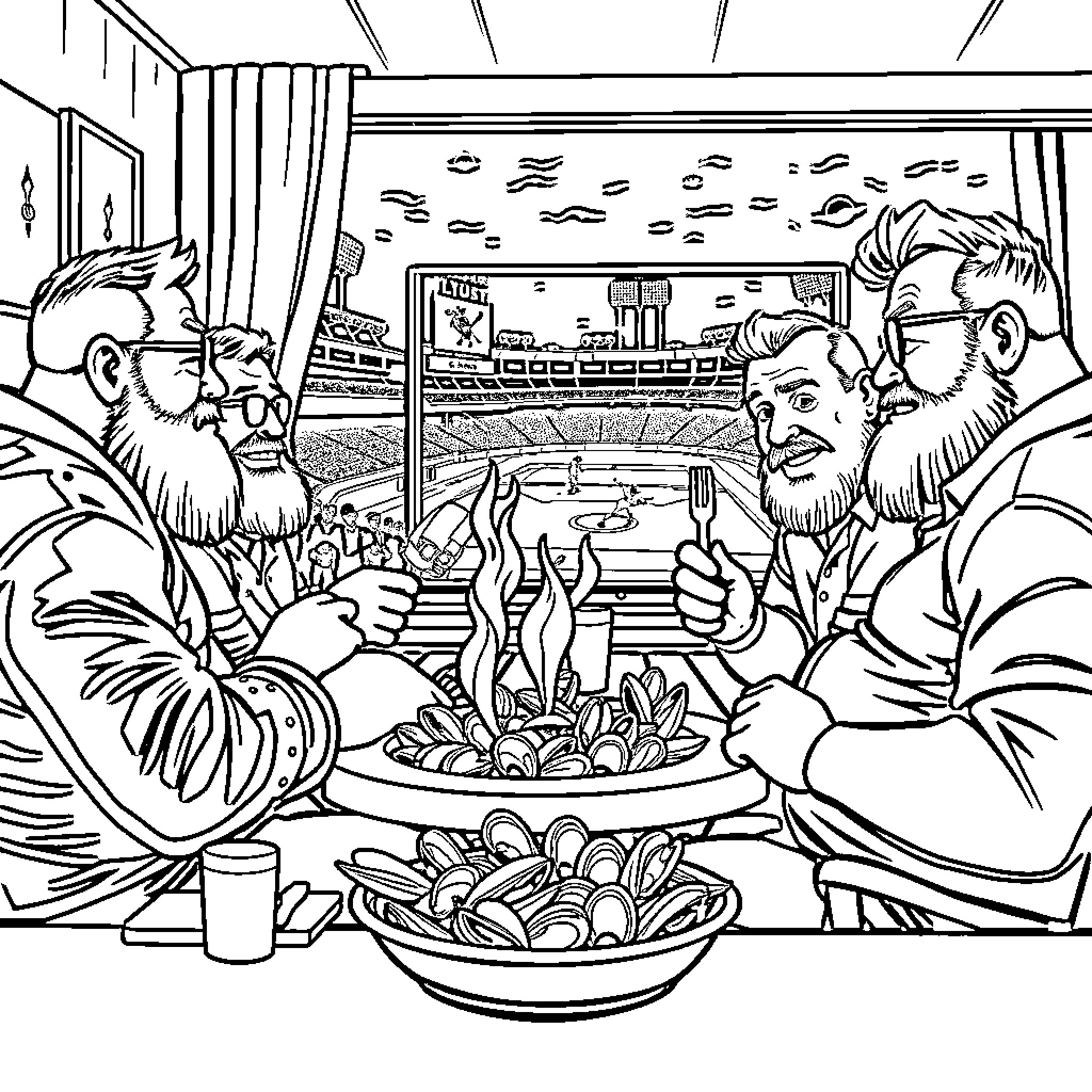 Guy Enjoying a Lively Seafood Feast with Friends Coloring Page (free black-and-white line drawing printable PDF for all, from beginners to advanced learners, including children, teens, adults, and seniors)