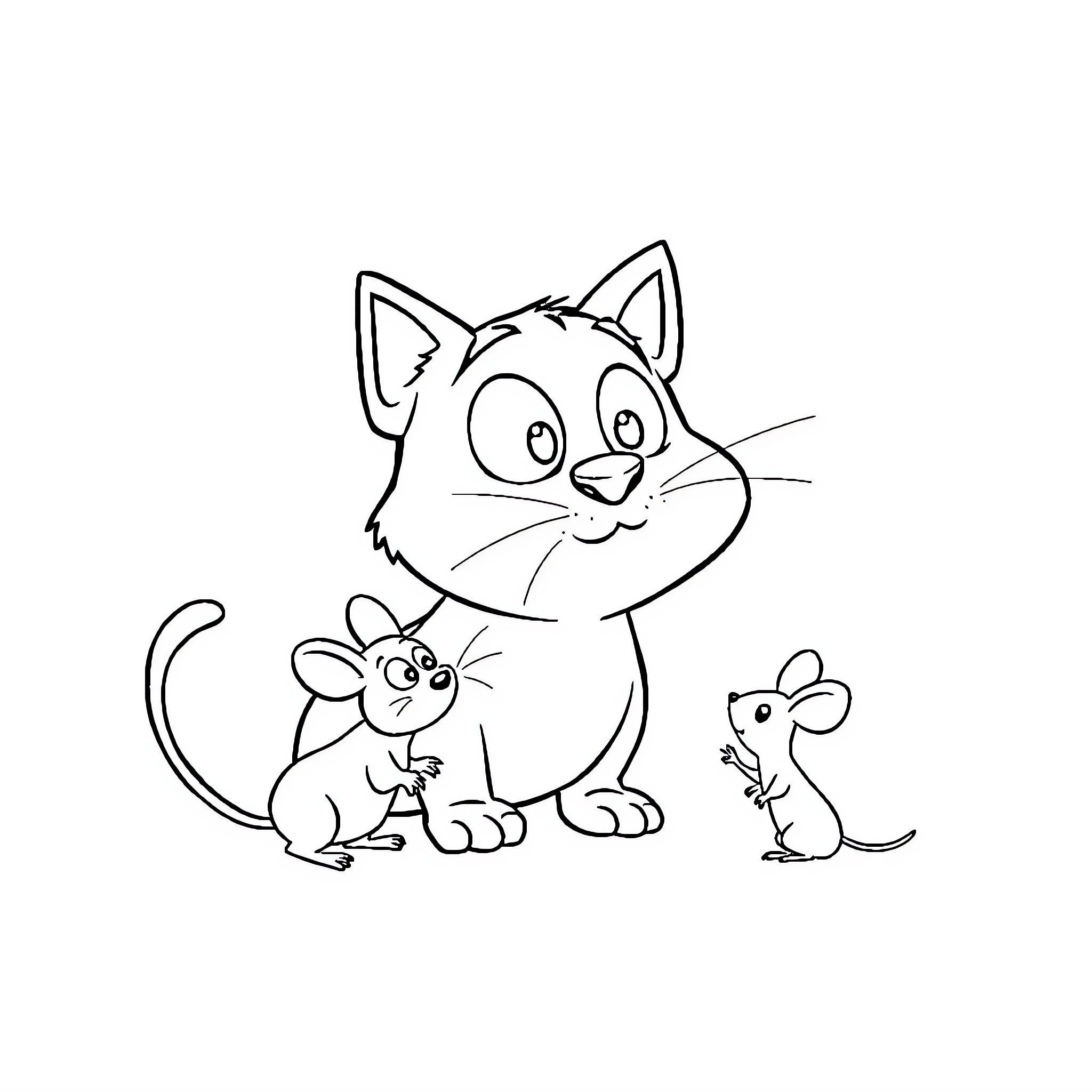 Can cute cats and mice play together Coloring Page (free black-and-white line drawing printable PDF for all, from beginners to advanced learners, including children, teens, adults, and seniors)