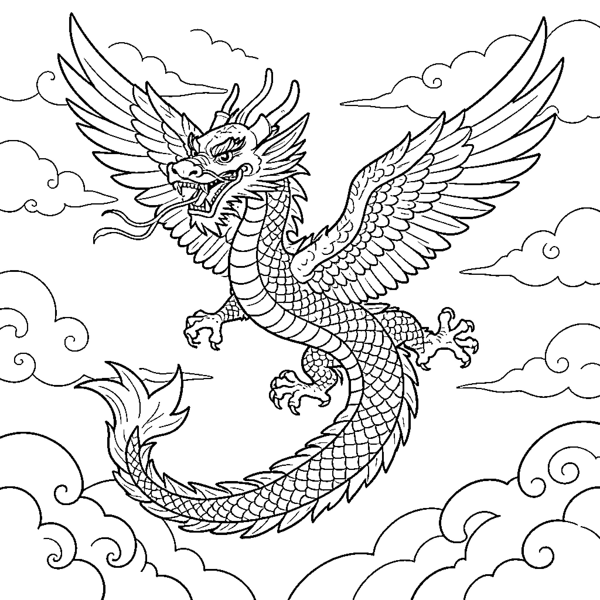 Dragon spreading its wings in the cloudy sky Coloring Page (free black-and-white line drawing printable PDF for all, from beginners to advanced learners, including children, teens, adults, and seniors)