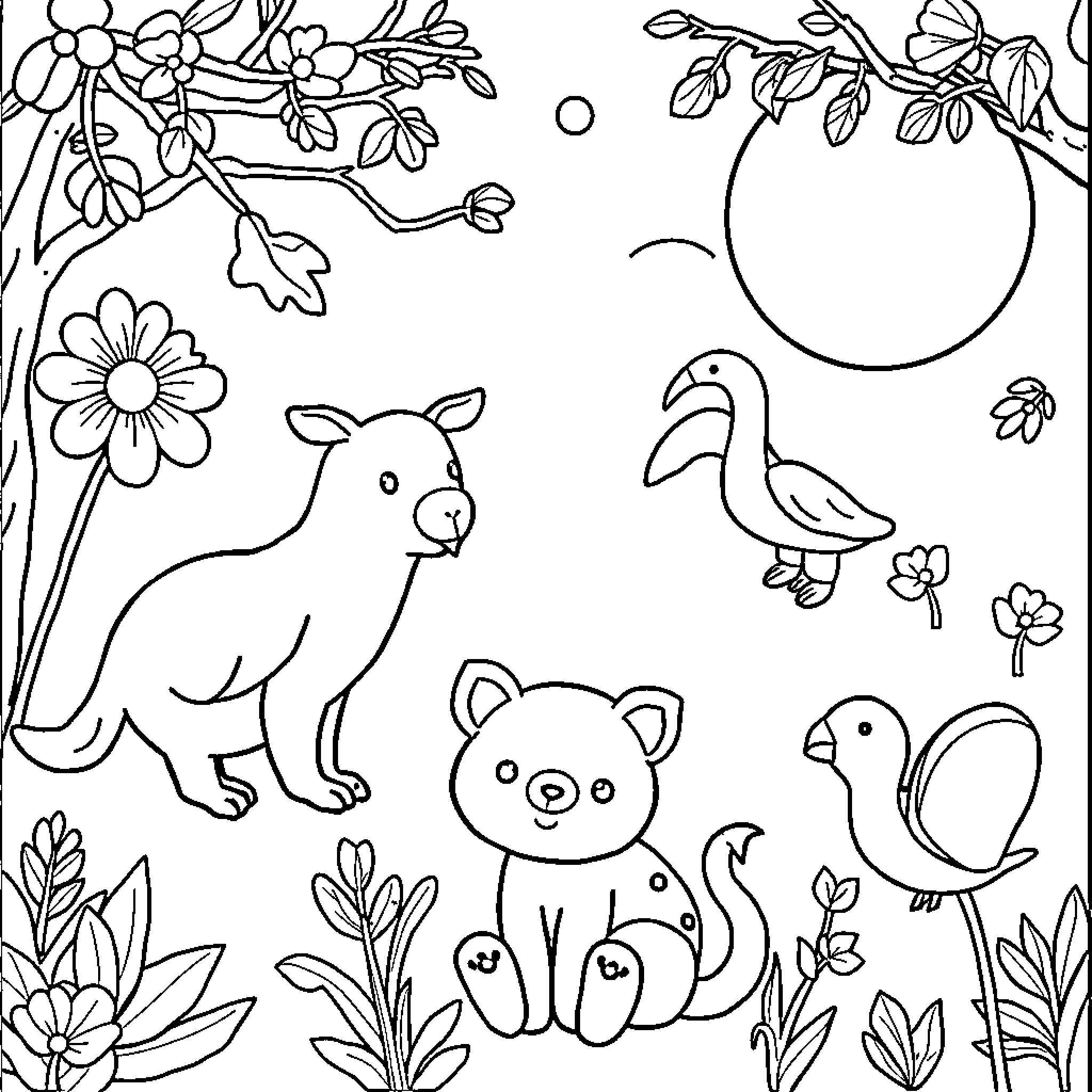 Animal friends in the floral garden Coloring Page (free black-and-white line drawing printable PDF for all, from beginners to advanced learners, including children, teens, adults, and seniors)