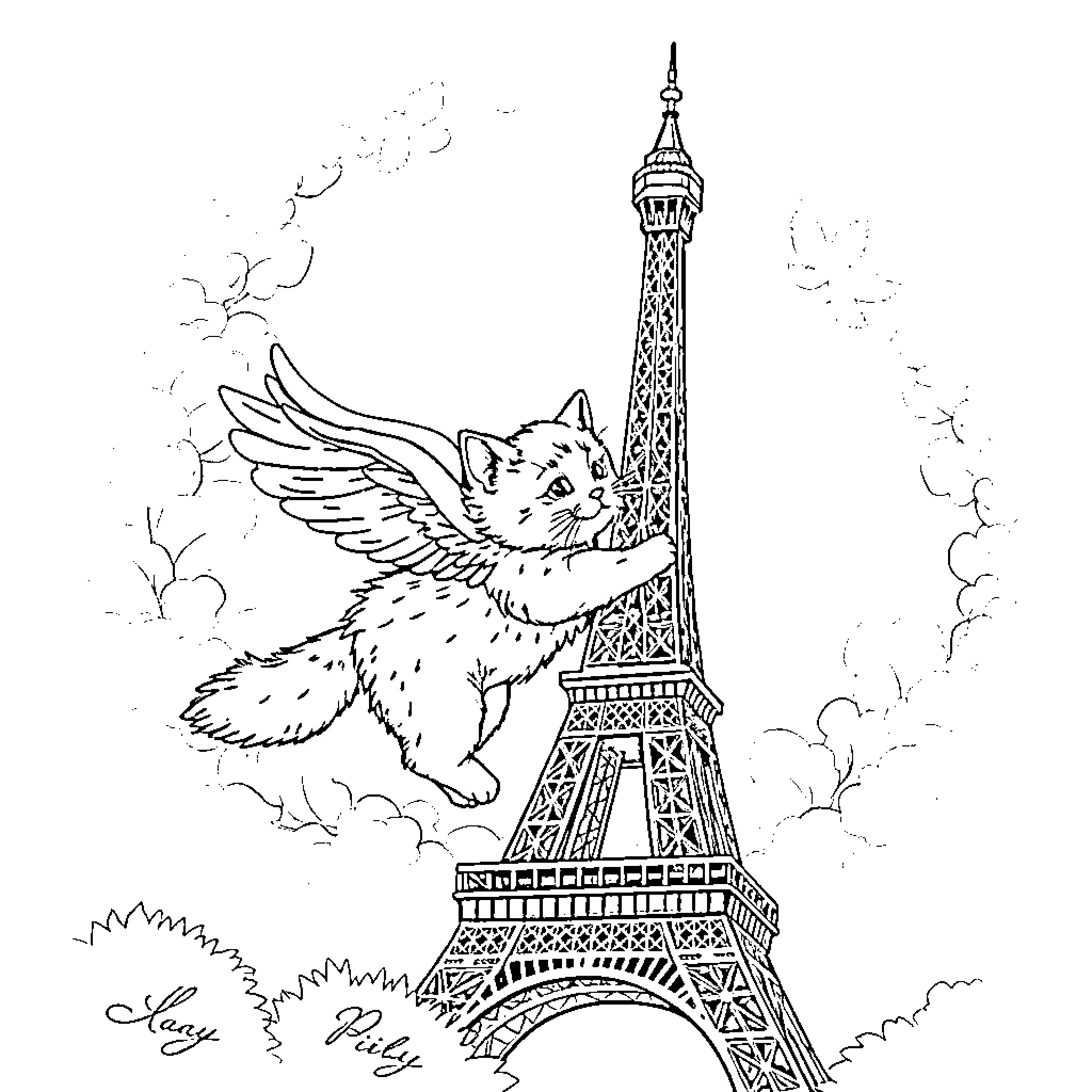 Cat with wings flying near the Eiffel Tower Coloring Page (free black-and-white line drawing printable PDF for all, from beginners to advanced learners, including children, teens, adults, and seniors)