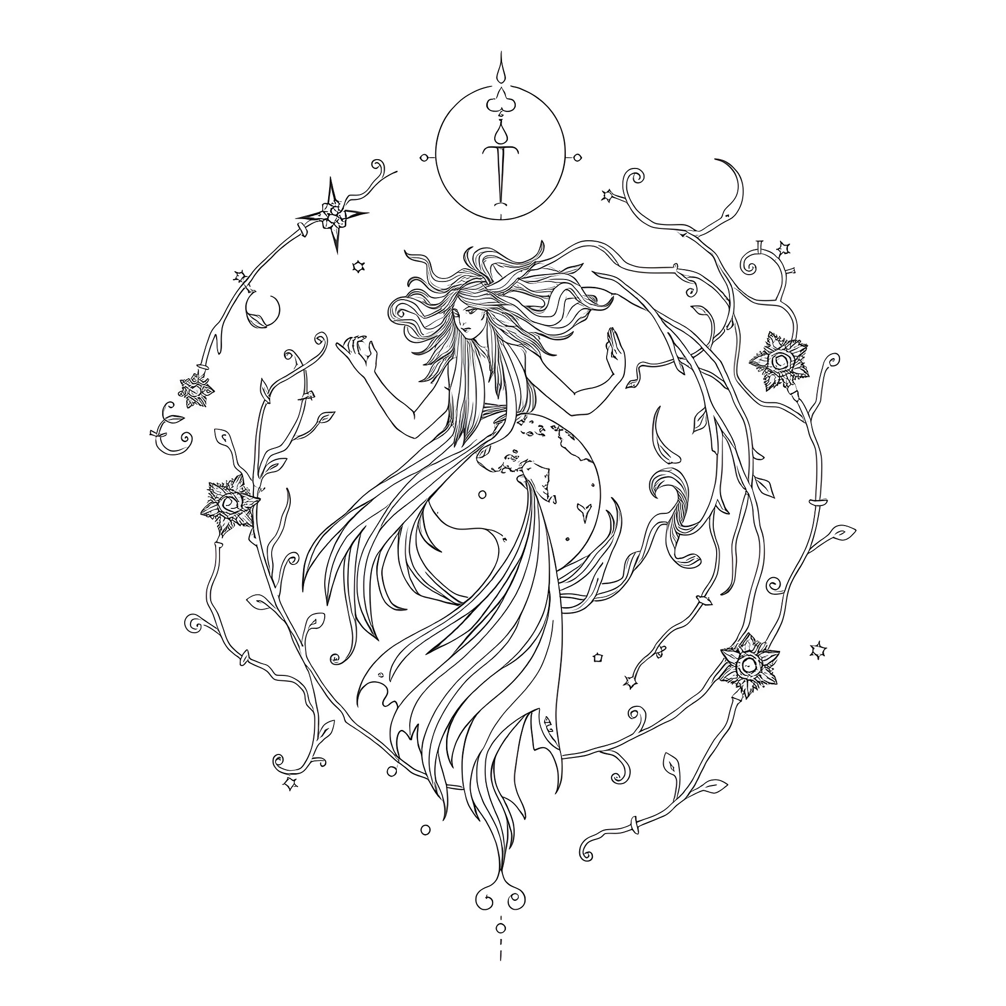 Great Spirit Dancing Gracefully with Celestial Elements Coloring Page (free black-and-white line drawing printable PDF for all, from beginners to advanced learners, including children, teens, adults, and seniors)