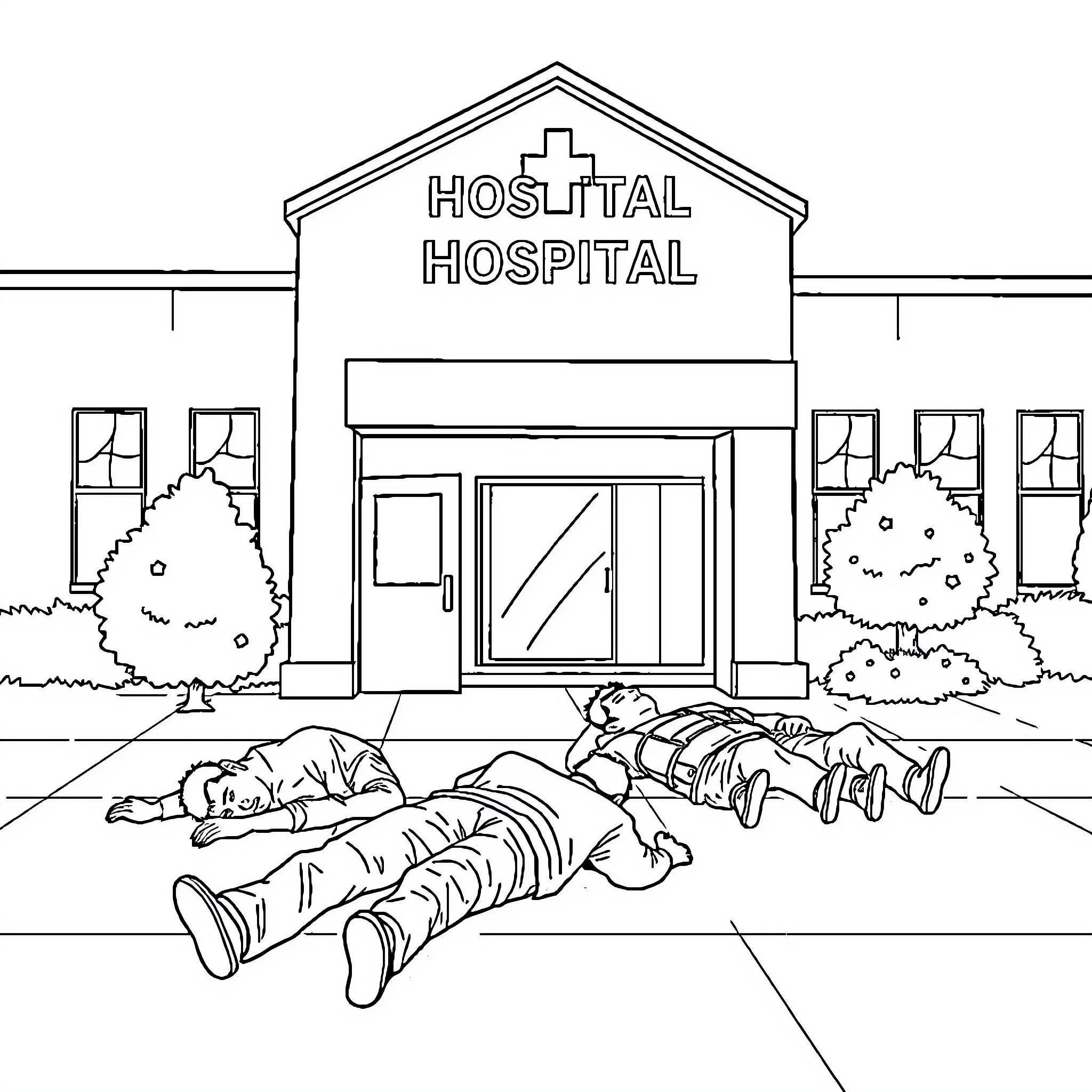 Hospital exterior with injured people on the ground Coloring Page (free black-and-white line drawing printable PDF for all, from beginners to advanced learners, including children, teens, adults, and seniors)