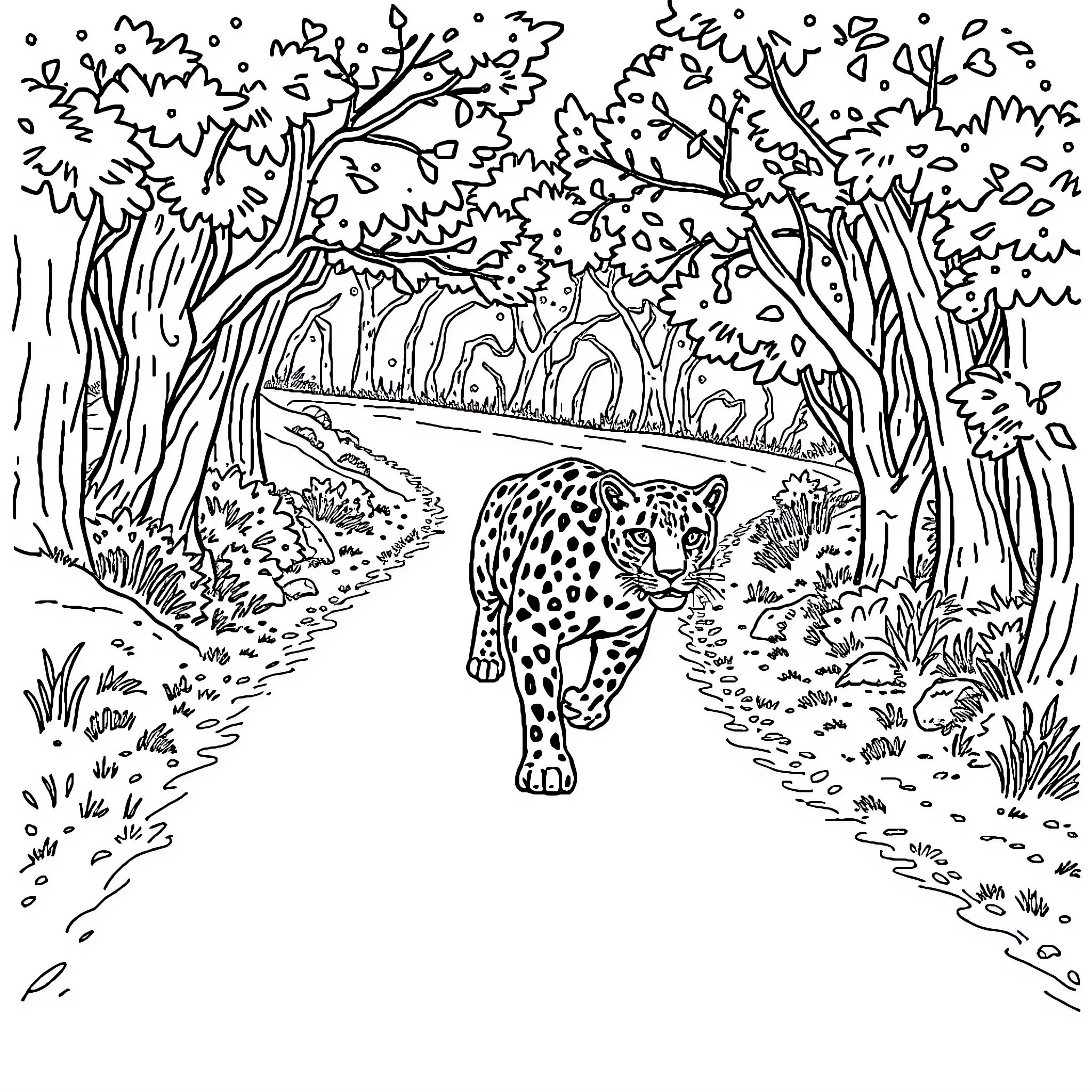 Jaguar Stalking Through the Lush Forest Coloring Page (free black-and-white line drawing printable PDF for all, from beginners to advanced learners, including children, teens, adults, and seniors)