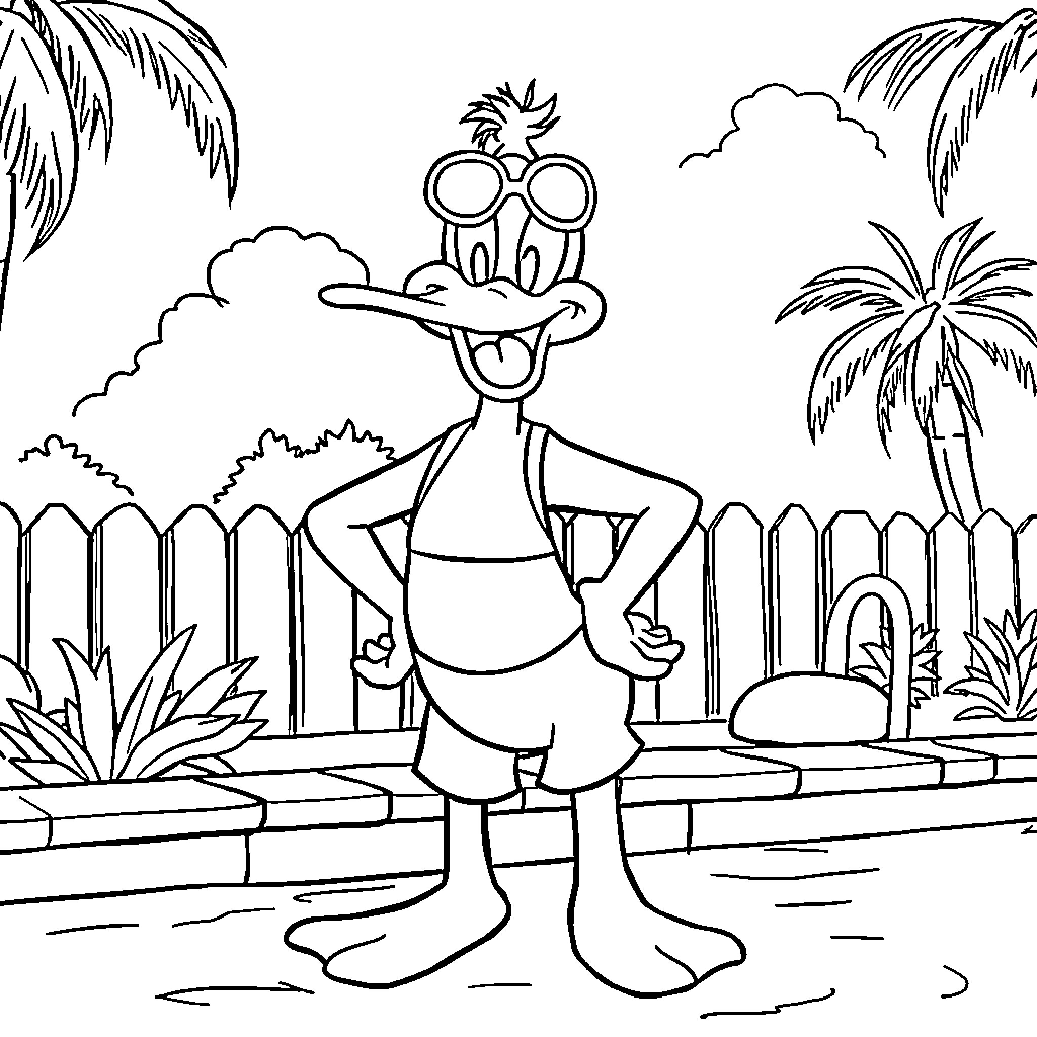 Daffy Duck enjoying a tropical vacation Coloring Page (free black-and-white line drawing printable PDF for all, from beginners to advanced learners, including children, teens, adults, and seniors)