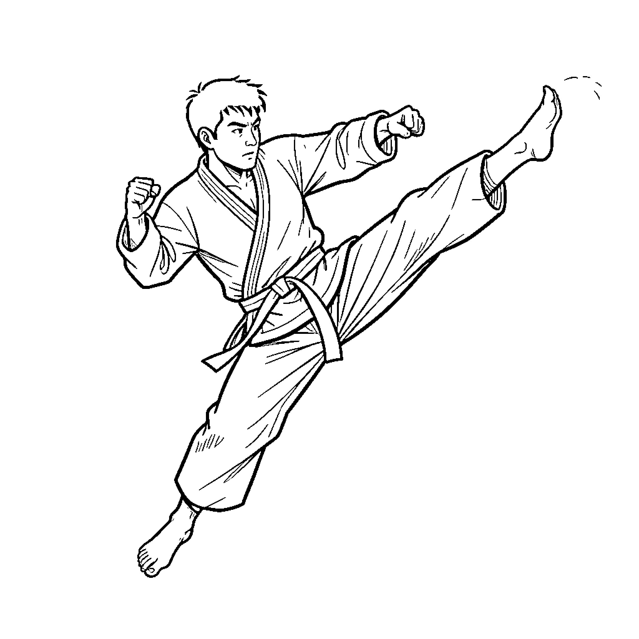 Kung Fu Fighter performing a high powerful kick Coloring Page (free black-and-white line drawing printable PDF for all, from beginners to advanced learners, including children, teens, adults, and seniors)