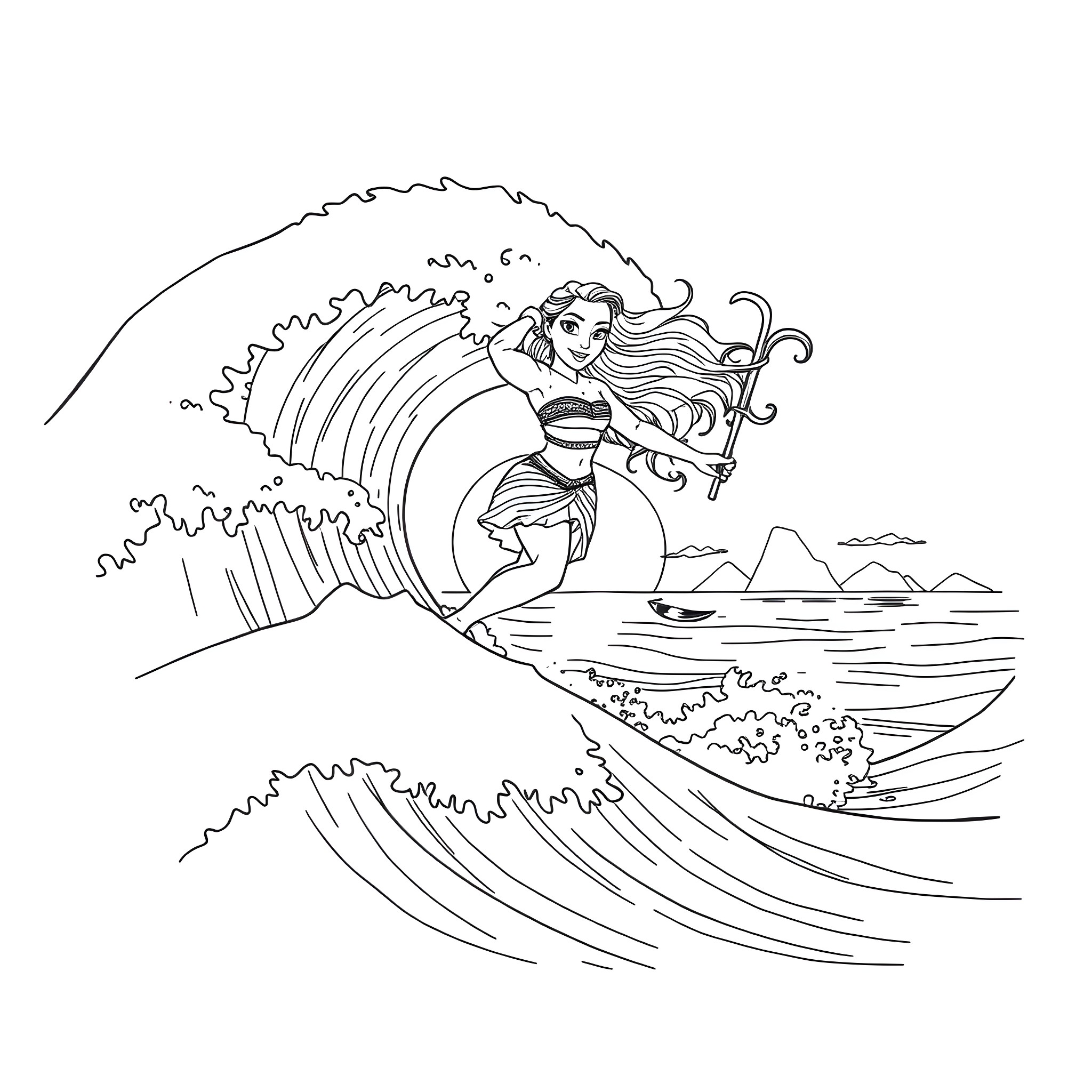 Moana surfing on a giant wave Coloring Page (free black-and-white line drawing printable PDF for all, from beginners to advanced learners, including children, teens, adults, and seniors)