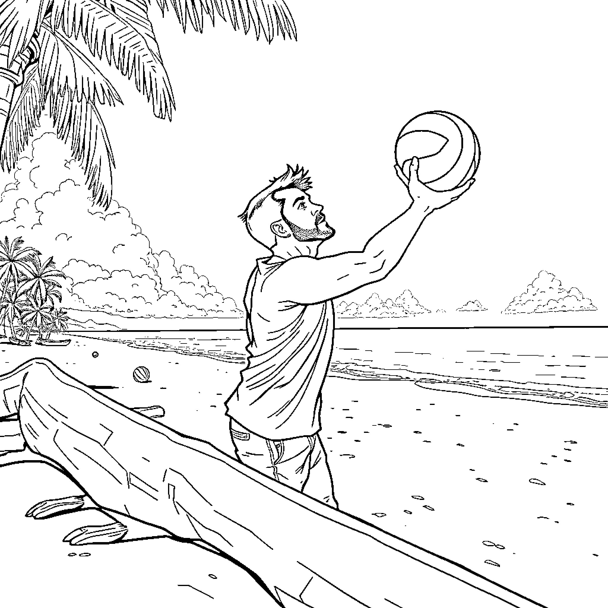 Trevor playing volleyball on the beach Coloring Page (free black-and-white line drawing printable PDF for all, from beginners to advanced learners, including children, teens, adults, and seniors)
