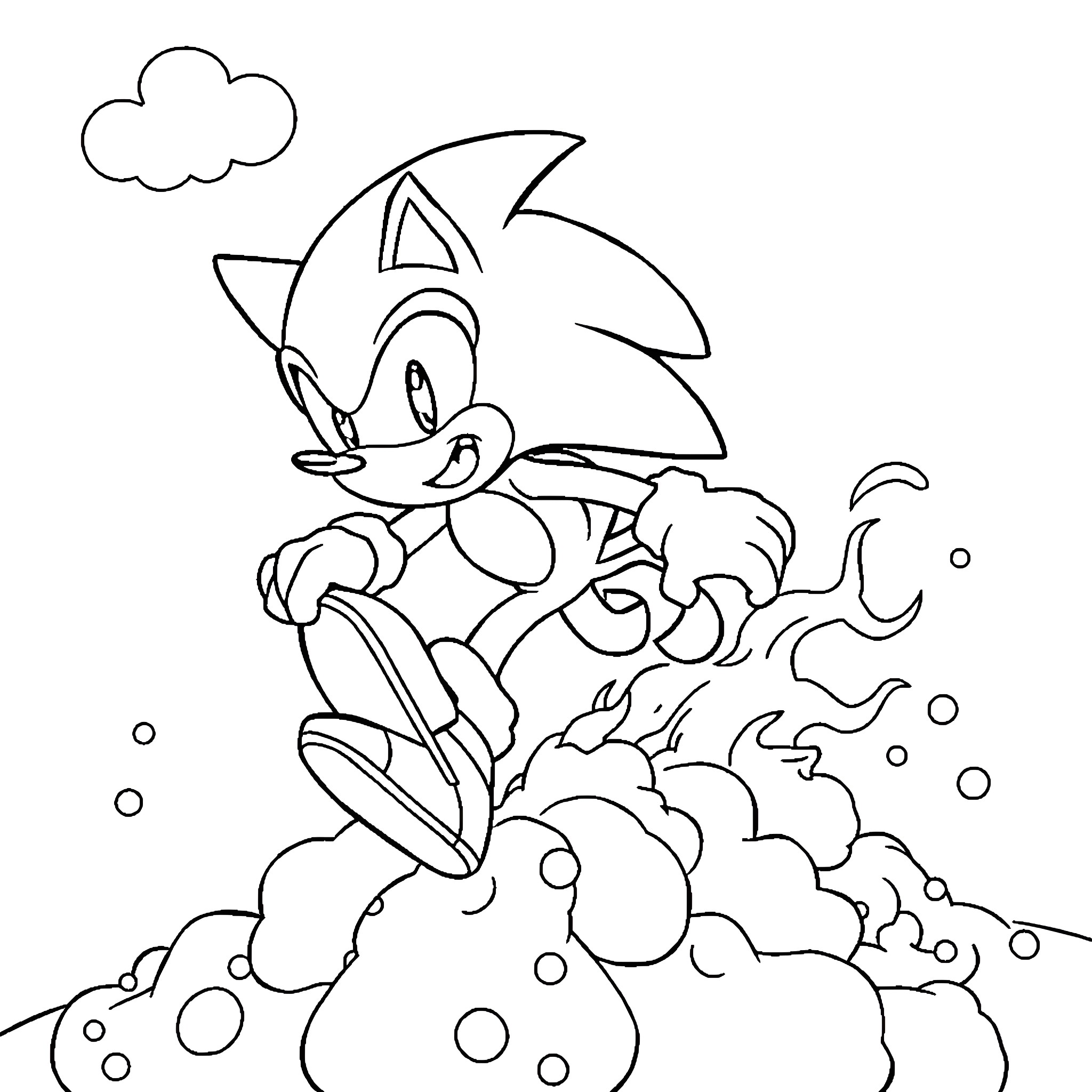Sonic sprinting through a cloud of bubbles Coloring Page (free black-and-white line drawing printable PDF for all, from beginners to advanced learners, including children, teens, adults, and seniors)
