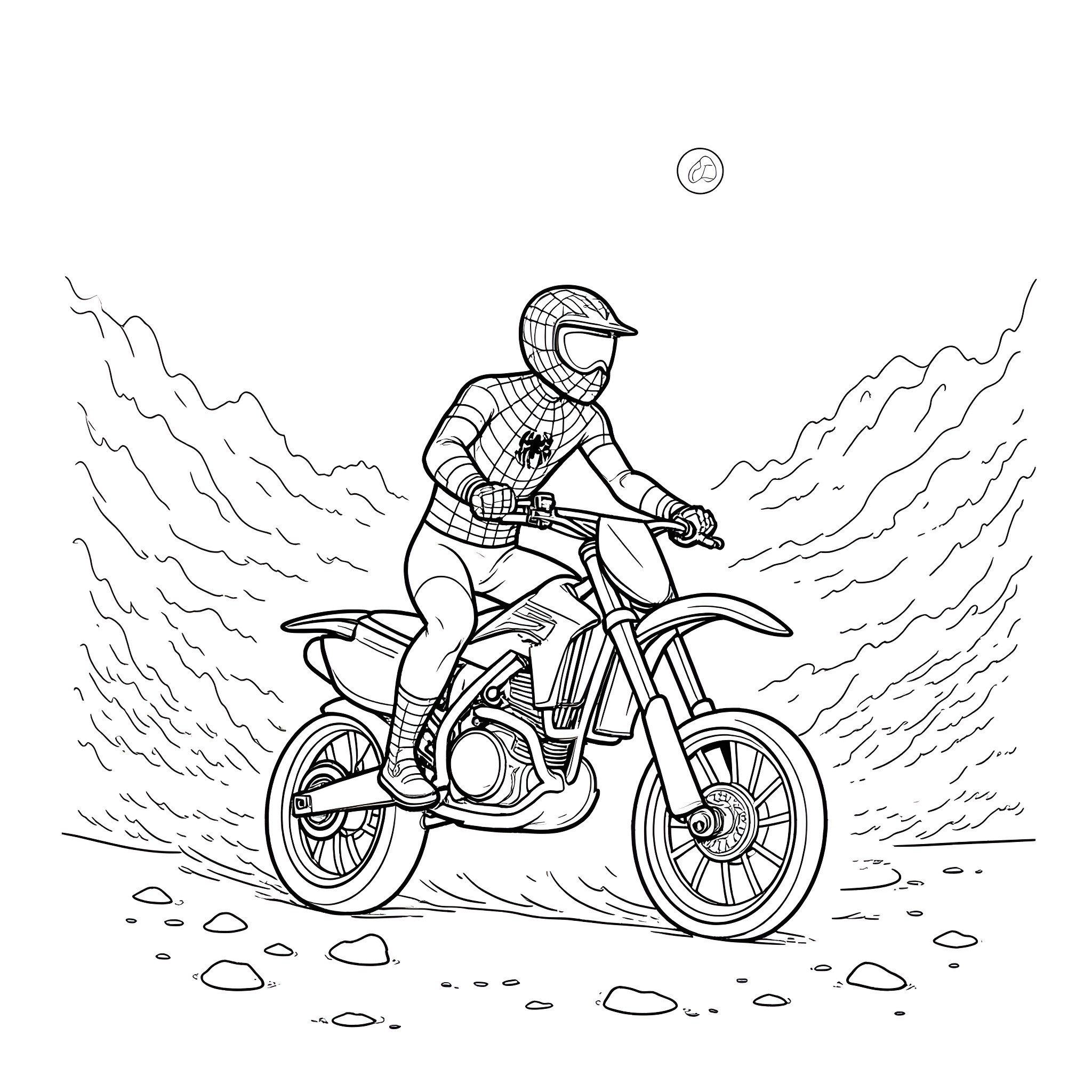Spider-Man riding a futuristic motorcycle in the desert Coloring Page (free black-and-white line drawing printable PDF for all, from beginners to advanced learners, including children, teens, adults, and seniors)