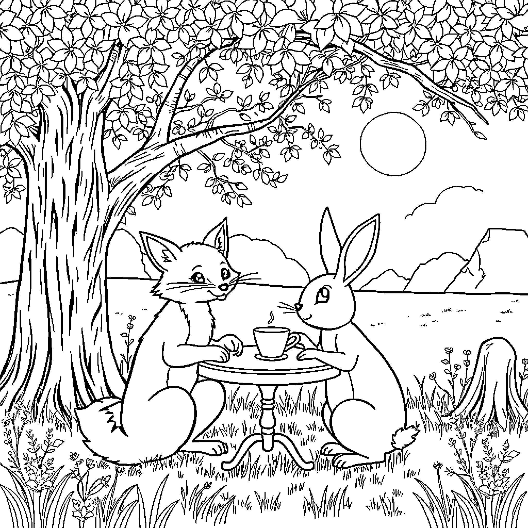 Fox and Rabbit Sharing Tea in Woodland Setting Coloring Page (free black-and-white line drawing printable PDF for all, from beginners to advanced learners, including children, teens, adults, and seniors)