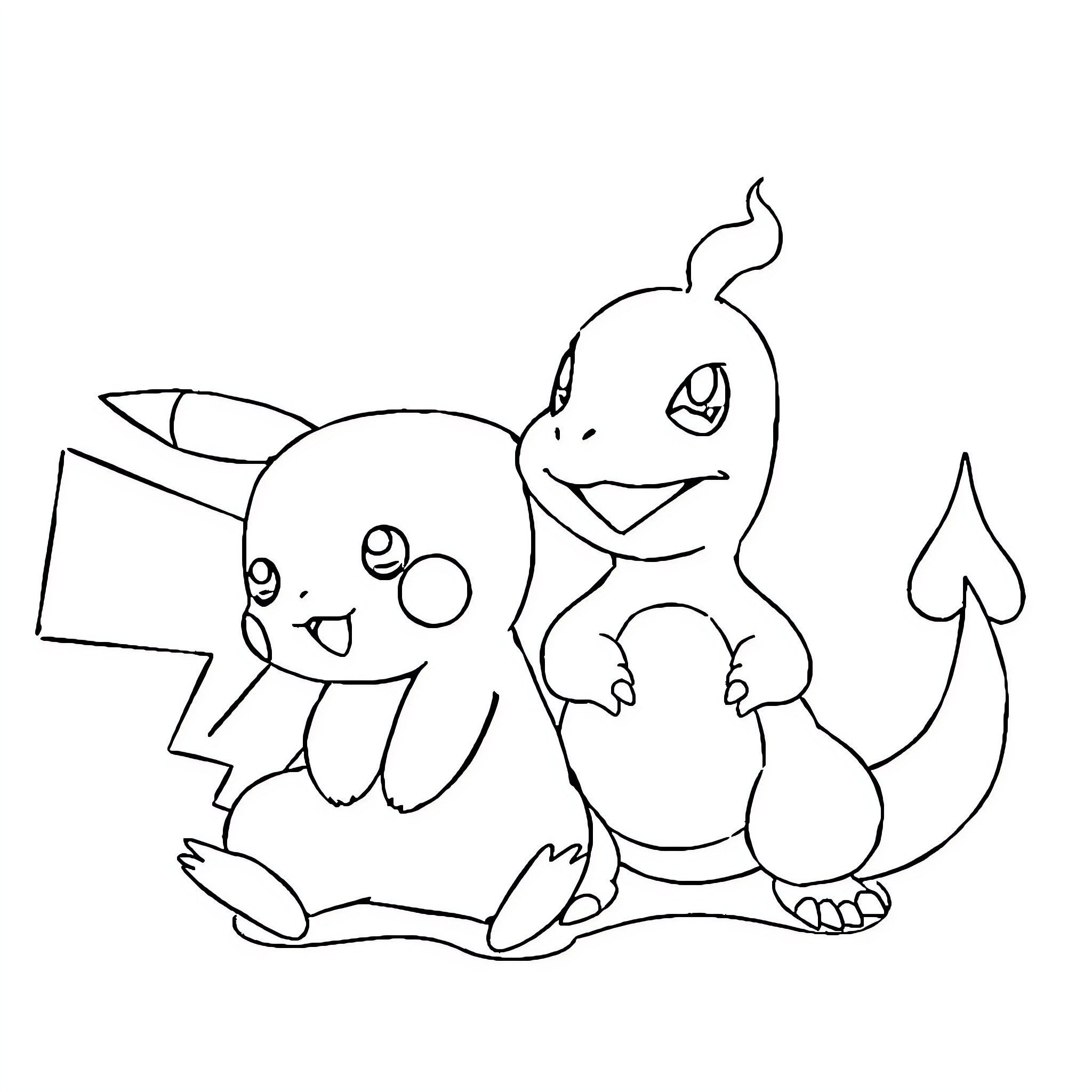 Pikachu and its Charmander companion Coloring Page (free black-and-white line drawing printable PDF for all, from beginners to advanced learners, including children, teens, adults, and seniors)