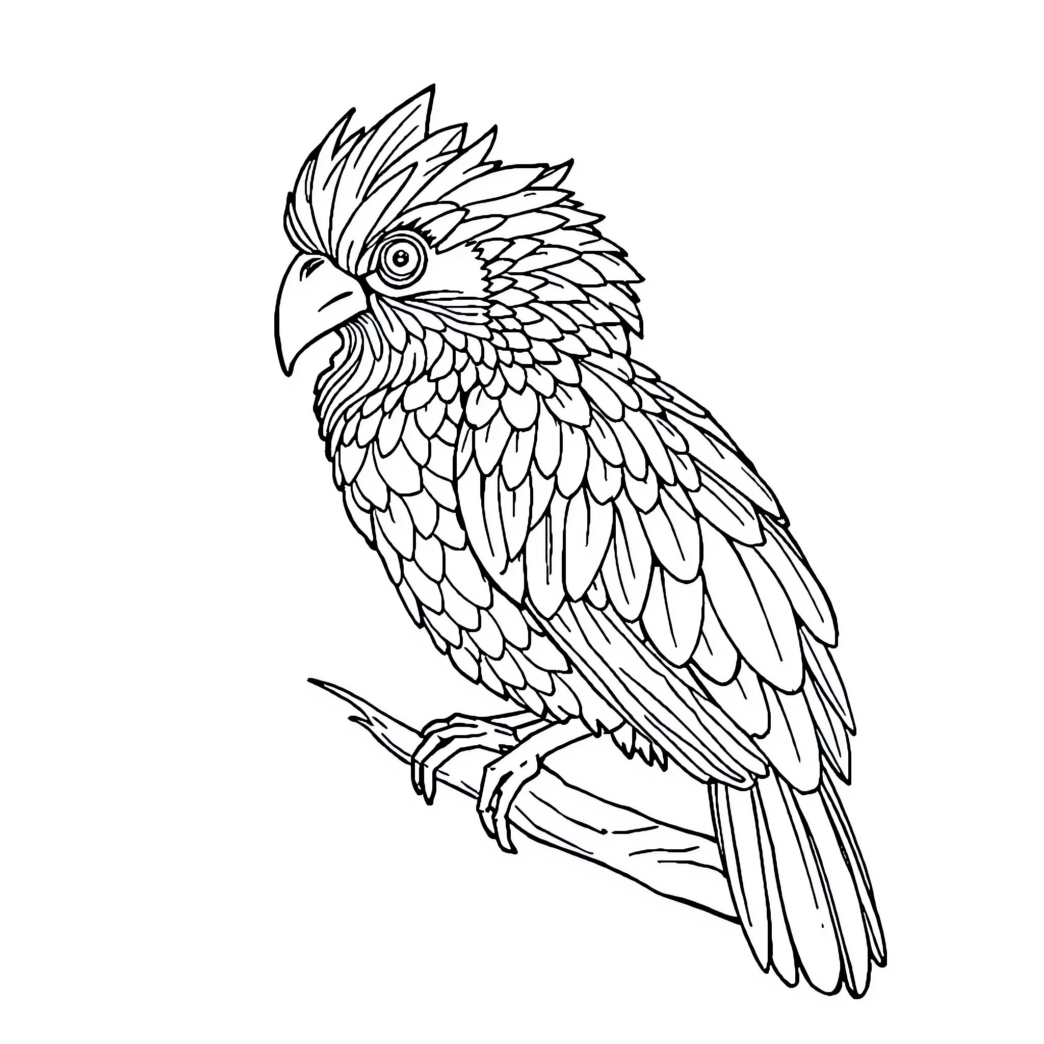 Animal parrot perched on branch Coloring Page (free black-and-white line drawing printable PDF for all, from beginners to advanced learners, including children, teens, adults, and seniors)