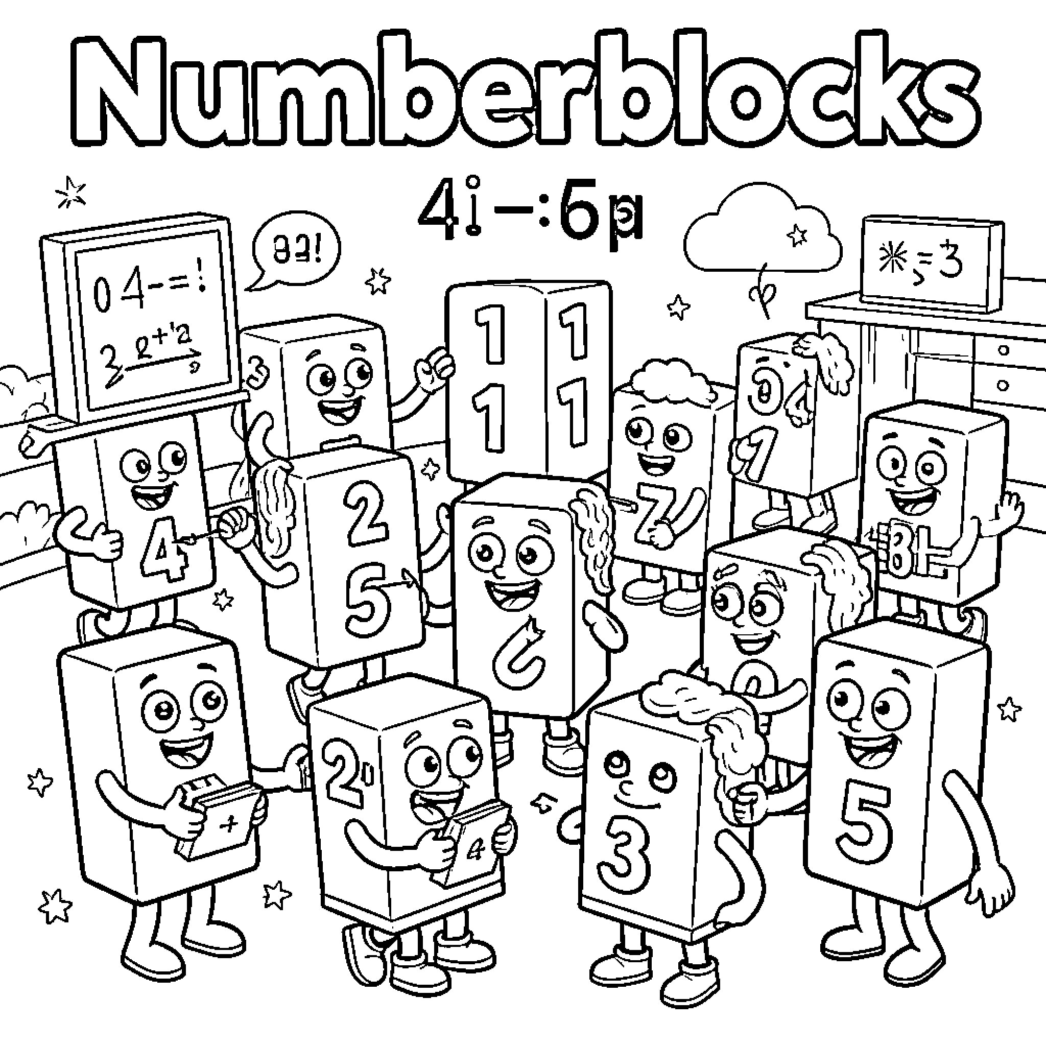 Numberblocks characters celebrating together with mathematical symbols Coloring Page (free black-and-white line drawing printable PDF for all, from beginners to advanced learners, including children, teens, adults, and seniors)