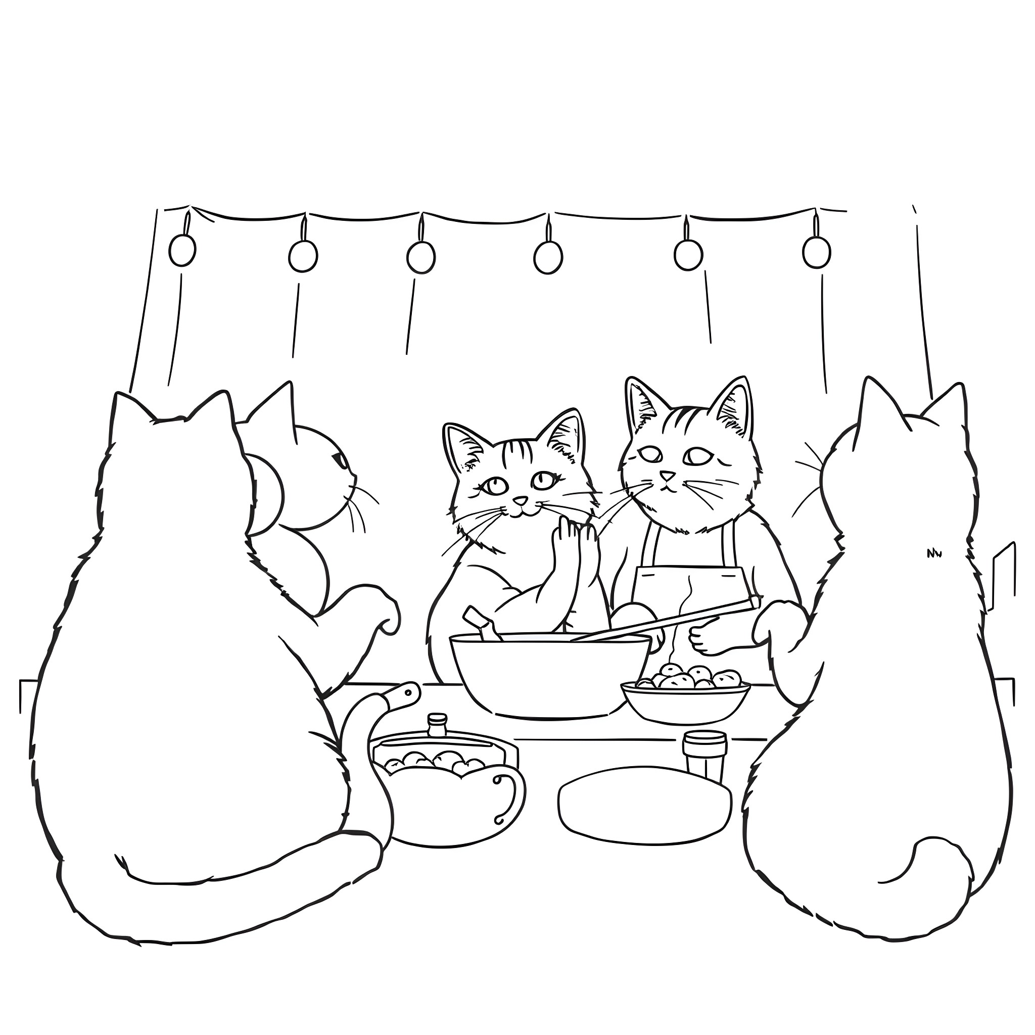 Cats enjoying a meal together in the kitchen Coloring Page (free black-and-white line drawing printable PDF for all, from beginners to advanced learners, including children, teens, adults, and seniors)