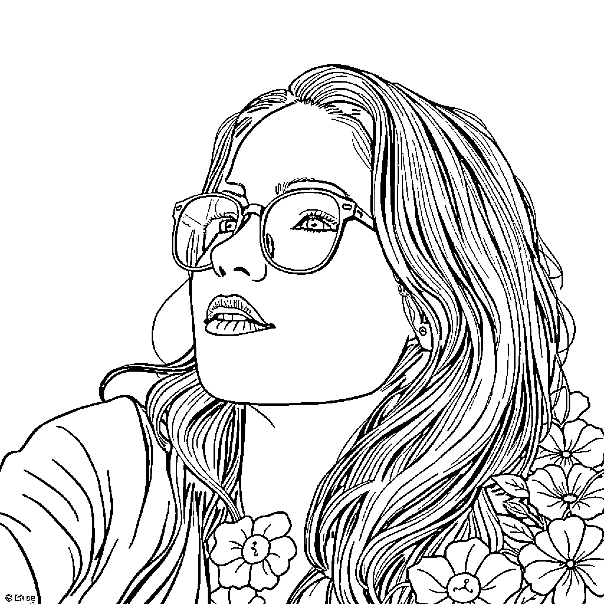 Drawing of a woman with long hair and glasses Coloring Page (free black-and-white line drawing printable PDF for all, from beginners to advanced learners, including children, teens, adults, and seniors)