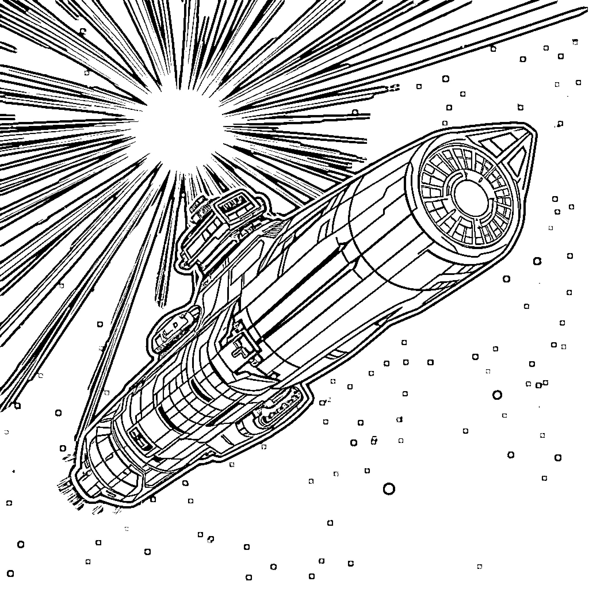 Starship Launching Through Cosmic Radiance Coloring Page (free black-and-white line drawing printable PDF for all, from beginners to advanced learners, including children, teens, adults, and seniors)