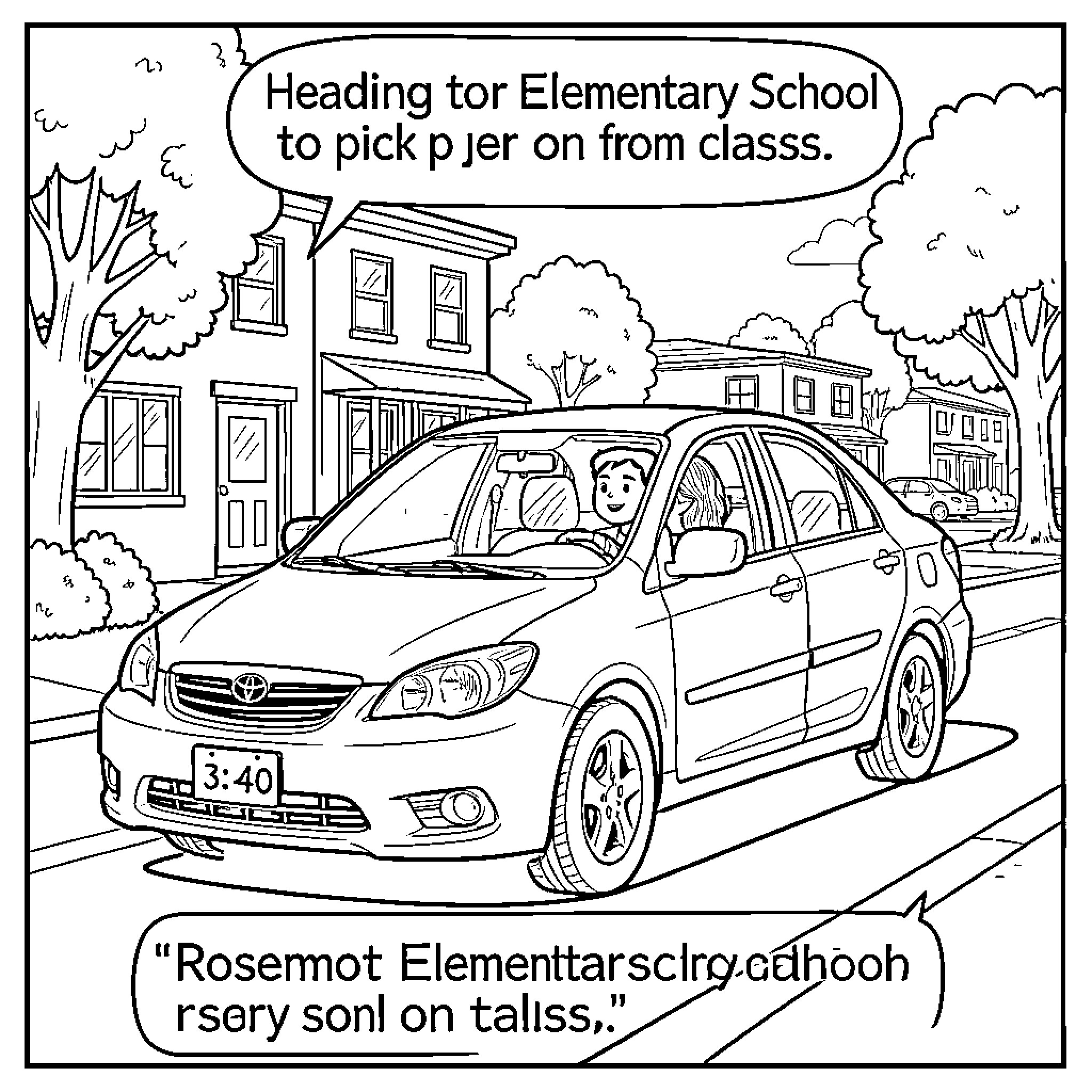 Car driving through a suburban neighborhood street Coloring Page (free black-and-white line drawing printable PDF for all, from beginners to advanced learners, including children, teens, adults, and seniors)