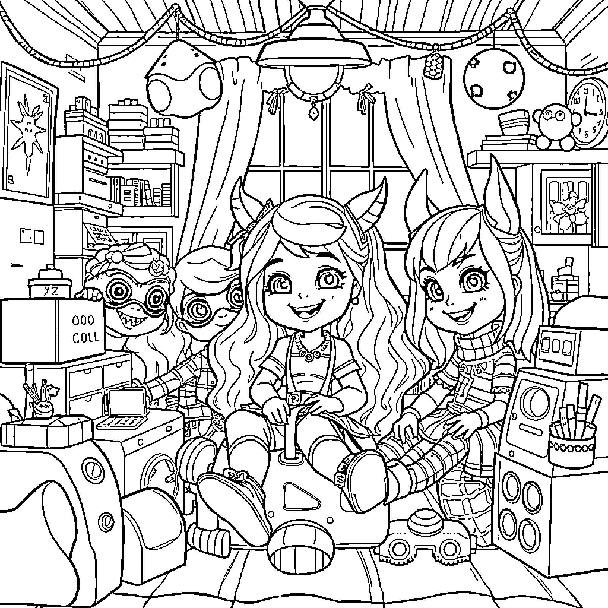 Gabby's Cozy Crafting Hideaway Coloring Page (free black-and-white line drawing printable PDF for all, from beginners to advanced learners, including children, teens, adults, and seniors)