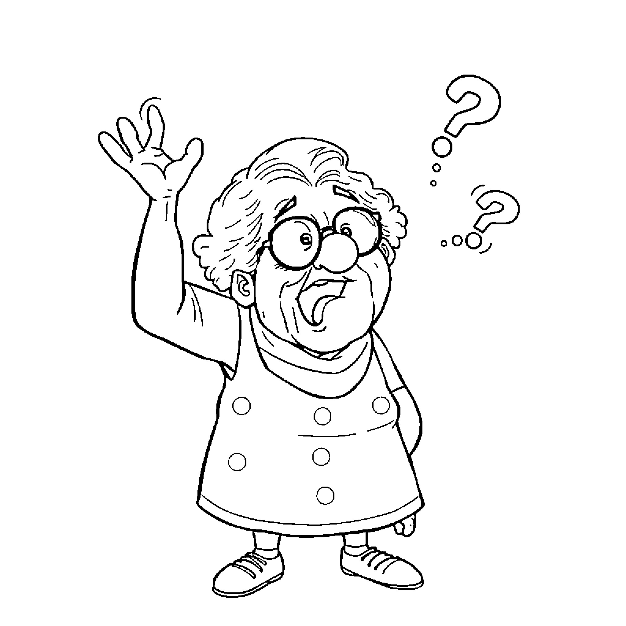Granny expressing confusion with raised hand Coloring Page (free black-and-white line drawing printable PDF for all, from beginners to advanced learners, including children, teens, adults, and seniors)