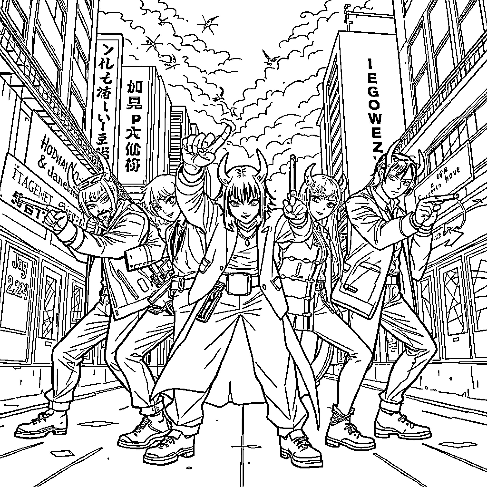 Demon Hunters Battling in the City Streets Coloring Page (free black-and-white line drawing printable PDF for all, from beginners to advanced learners, including children, teens, adults, and seniors)