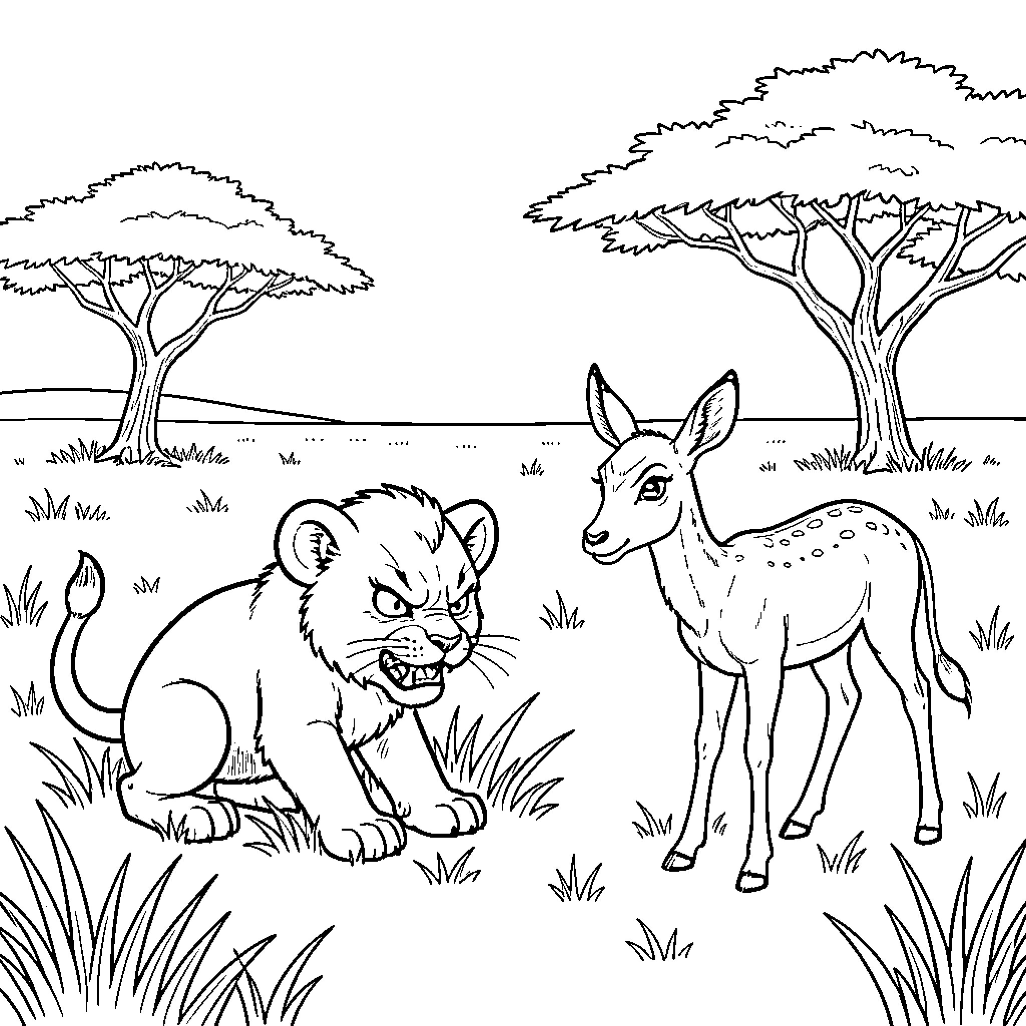 Lion cub and deer in serene African landscape Coloring Page (free black-and-white line drawing printable PDF for all, from beginners to advanced learners, including children, teens, adults, and seniors)