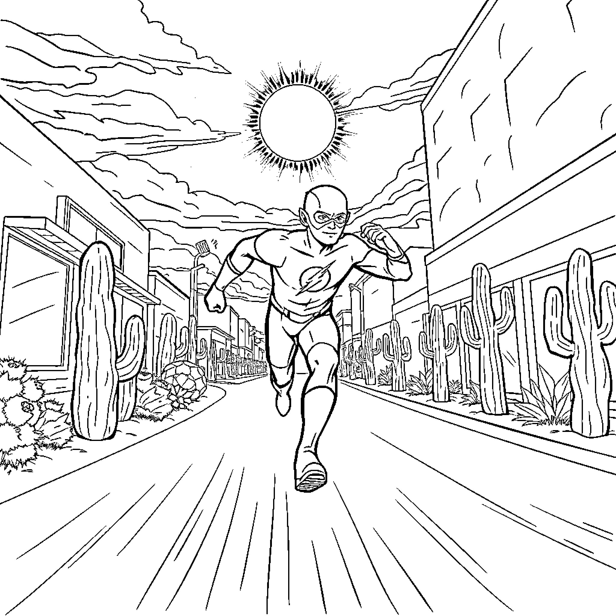 Flash running through the city streets Coloring Page (free black-and-white line drawing printable PDF for all, from beginners to advanced learners, including children, teens, adults, and seniors)
