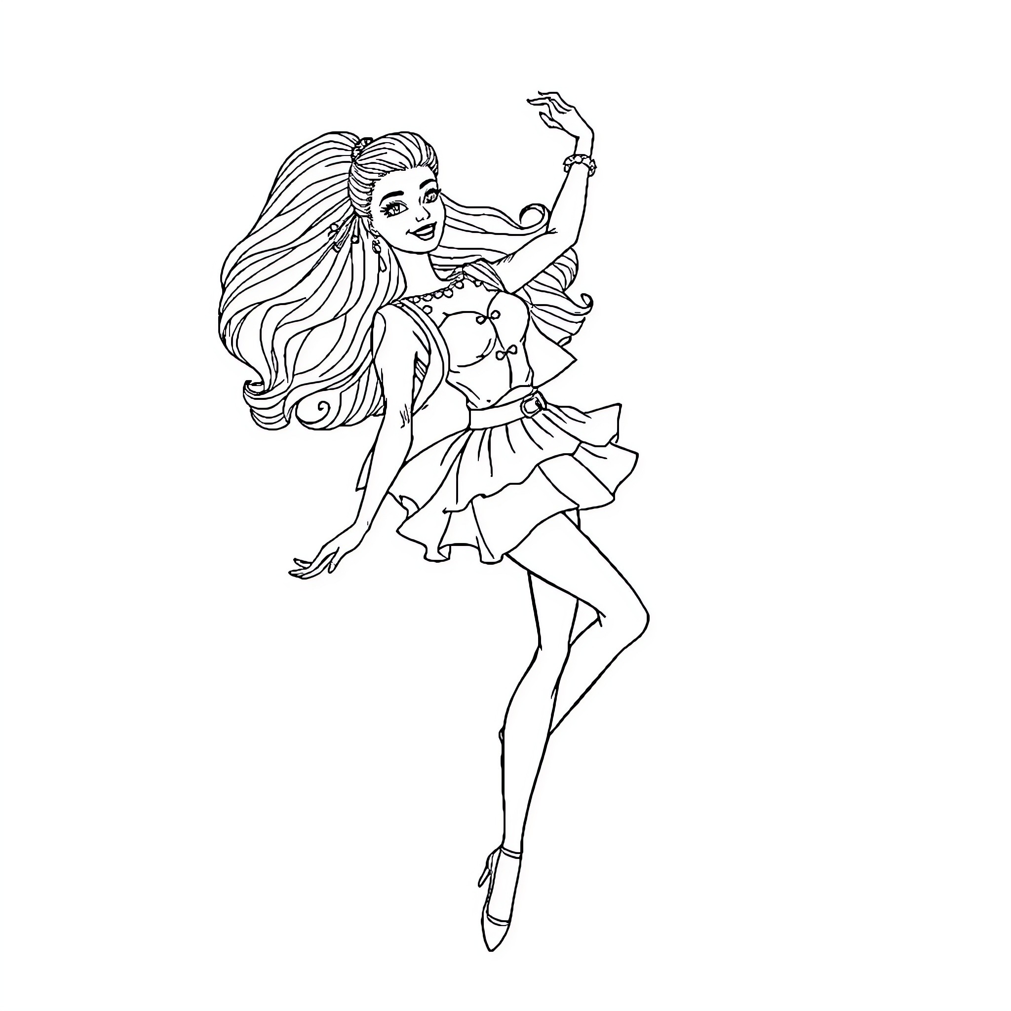 Barbie dancing in a elegant dress Coloring Page (free black-and-white line drawing printable PDF for all, from beginners to advanced learners, including children, teens, adults, and seniors)