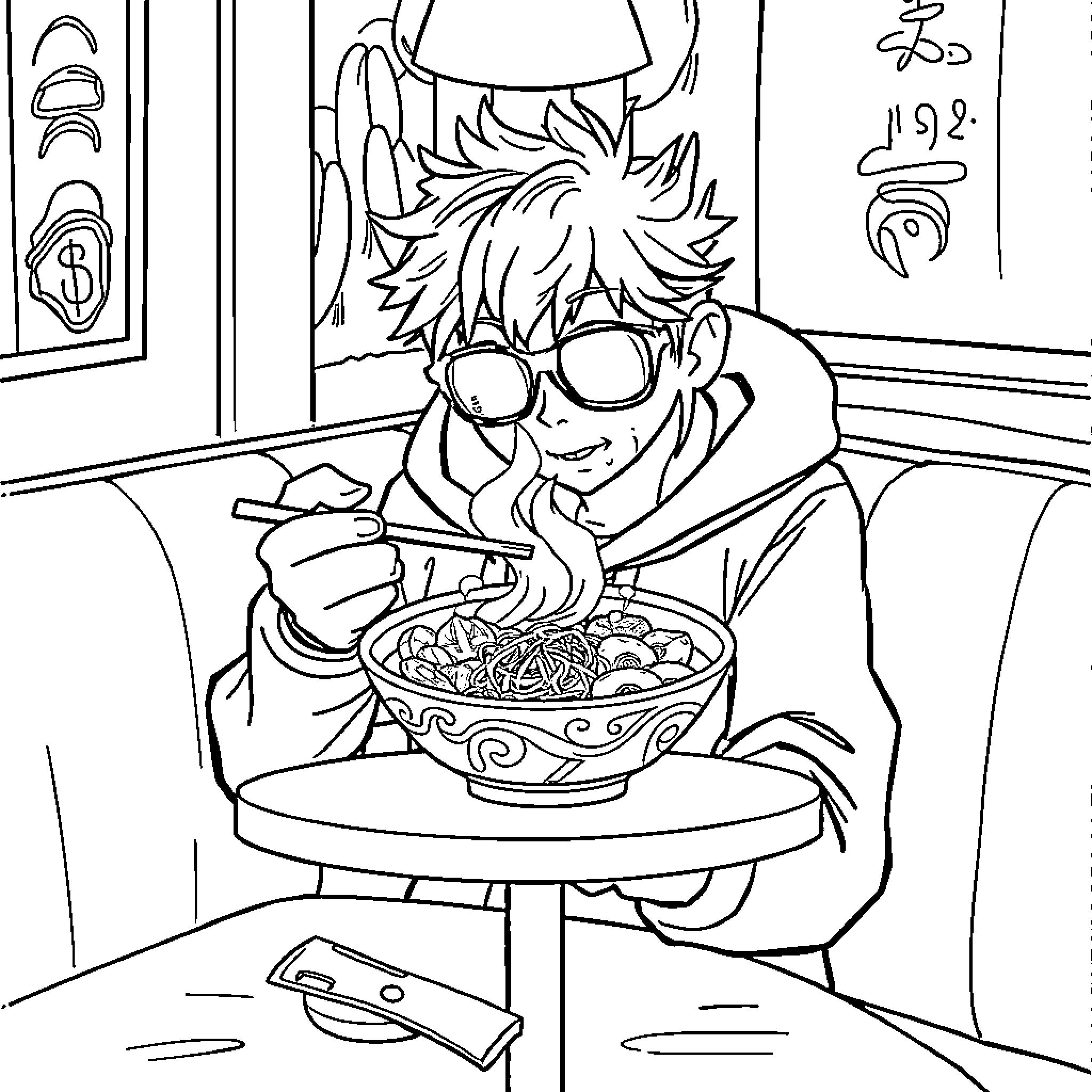 Huntr Enjoying a Hearty Meal Coloring Page (free black-and-white line drawing printable PDF for all, from beginners to advanced learners, including children, teens, adults, and seniors)
